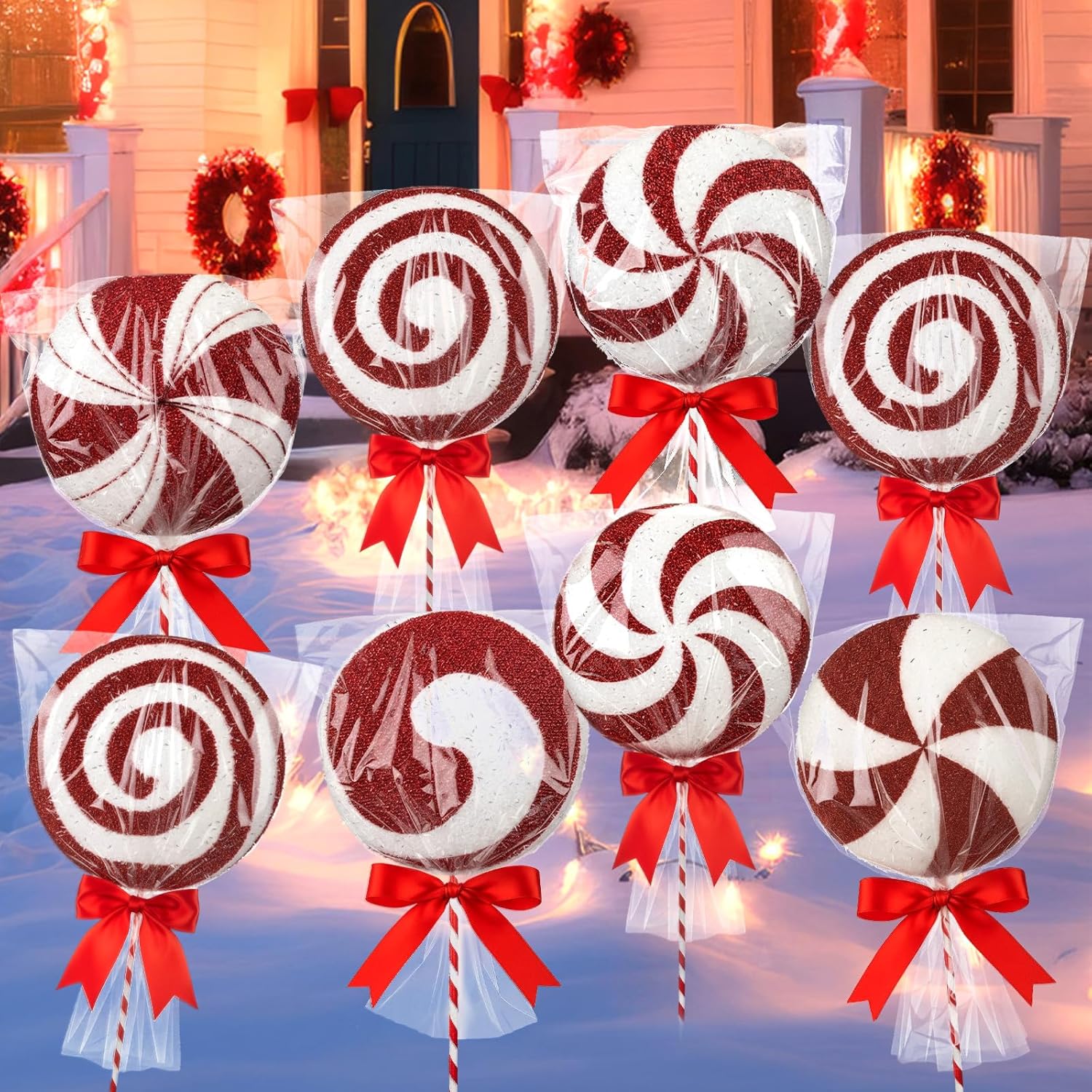8 Pcs 3D Christmas Lollipop Yard Decorations Lollipop Candy Signs with Stakes Xmas Winter Holiday Garden Sign Outdoor Indoor Peppermint Candy Decor for Lawn Patio Driveway(Red,Classic)