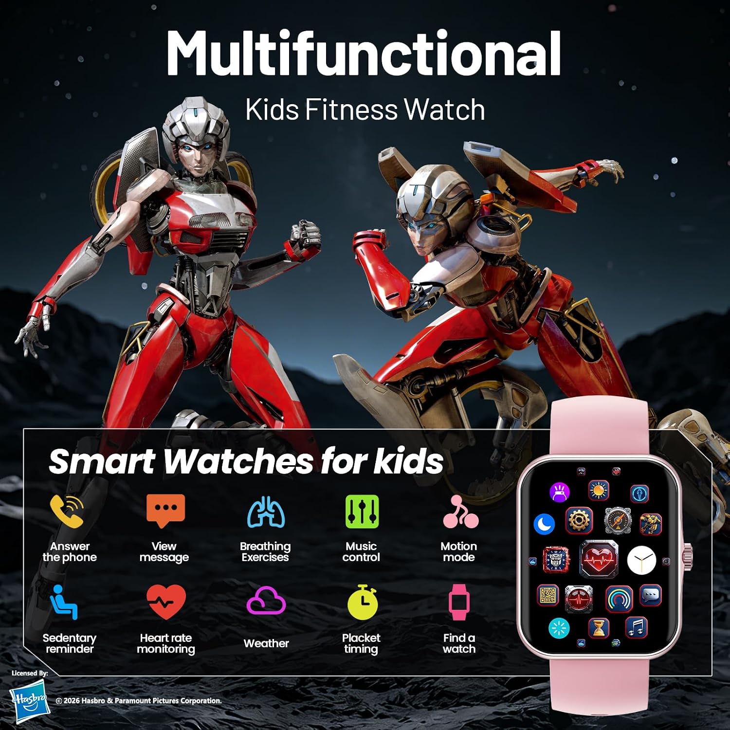 Transformers Fitness Tracker Smartwatch, Smartwatch for Kids Men Women, 1.83-inch HD IP68, Supports Voice Calls, Sleep Calories Sports Mode, Pedometer Bluetooth-Music Message Notifications (Pink)