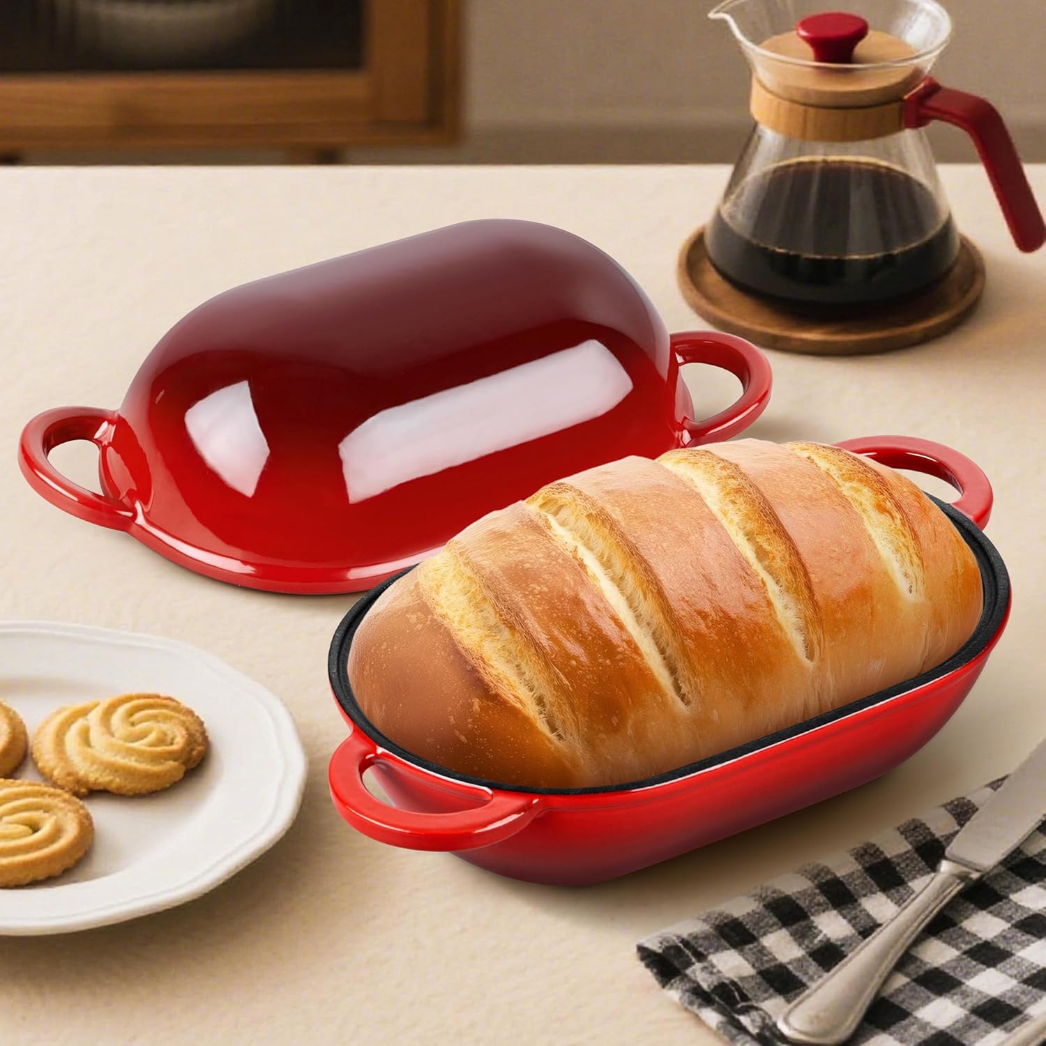 Homikit Enameled Cast Iron Dutch Oven for Bread Baking, 2.8 QT Oval Bread Oven Pot with Lid, 9.5 x 5.7 Inch Sourdough Loaf Baking Pan for Homemade Bread, Heavy Duty & Oven Safe, Red - Image 4