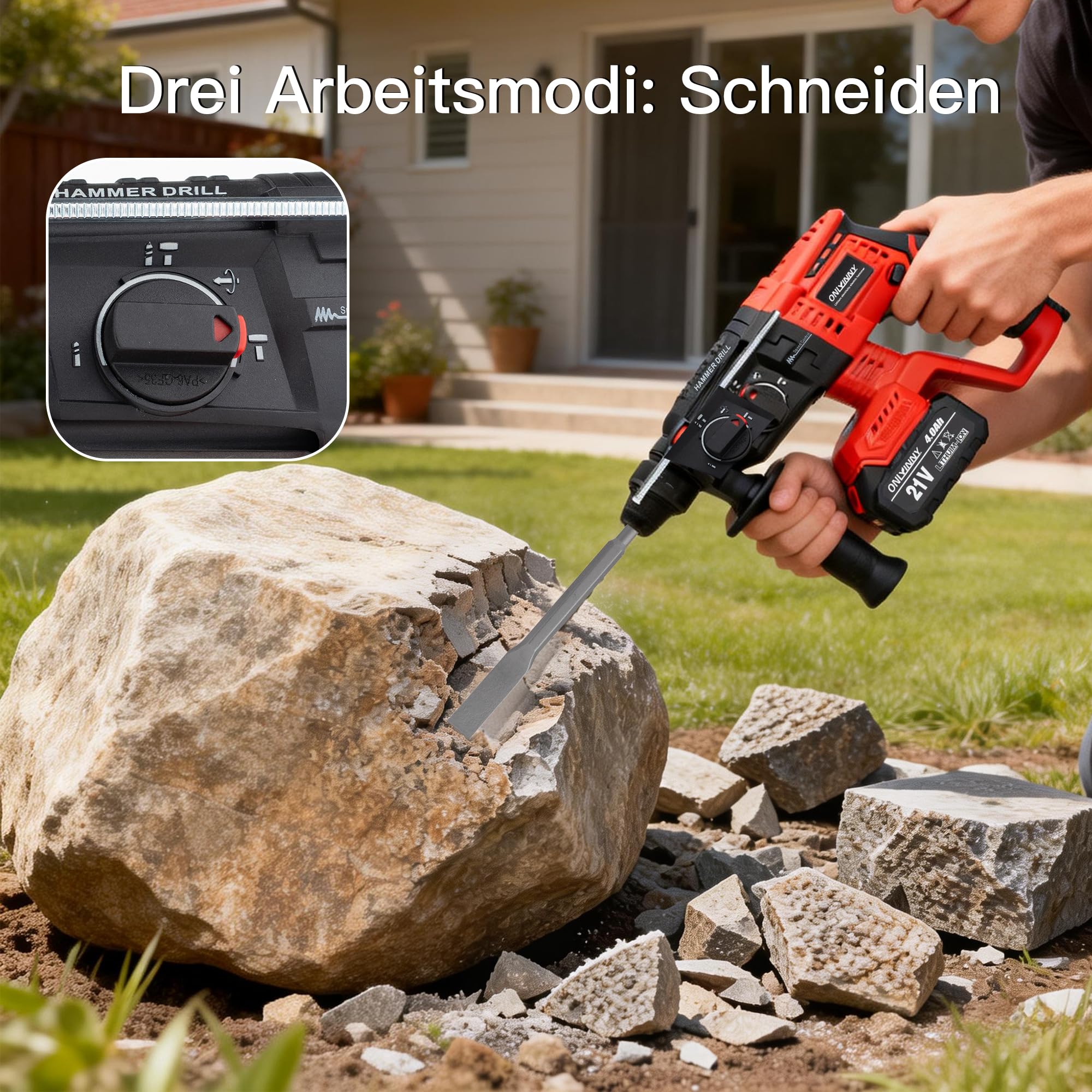 Akku Bohrhammer SDS Plus, Bürstenloser Motor Schlagbohrmaschine mit 3-in-1 Modus (Hammerbohren/Meißeln/Bohren), Kompatibel mit Makita 18V Akku, 4.0Ah 2x Akku Ladegerät im Koffer