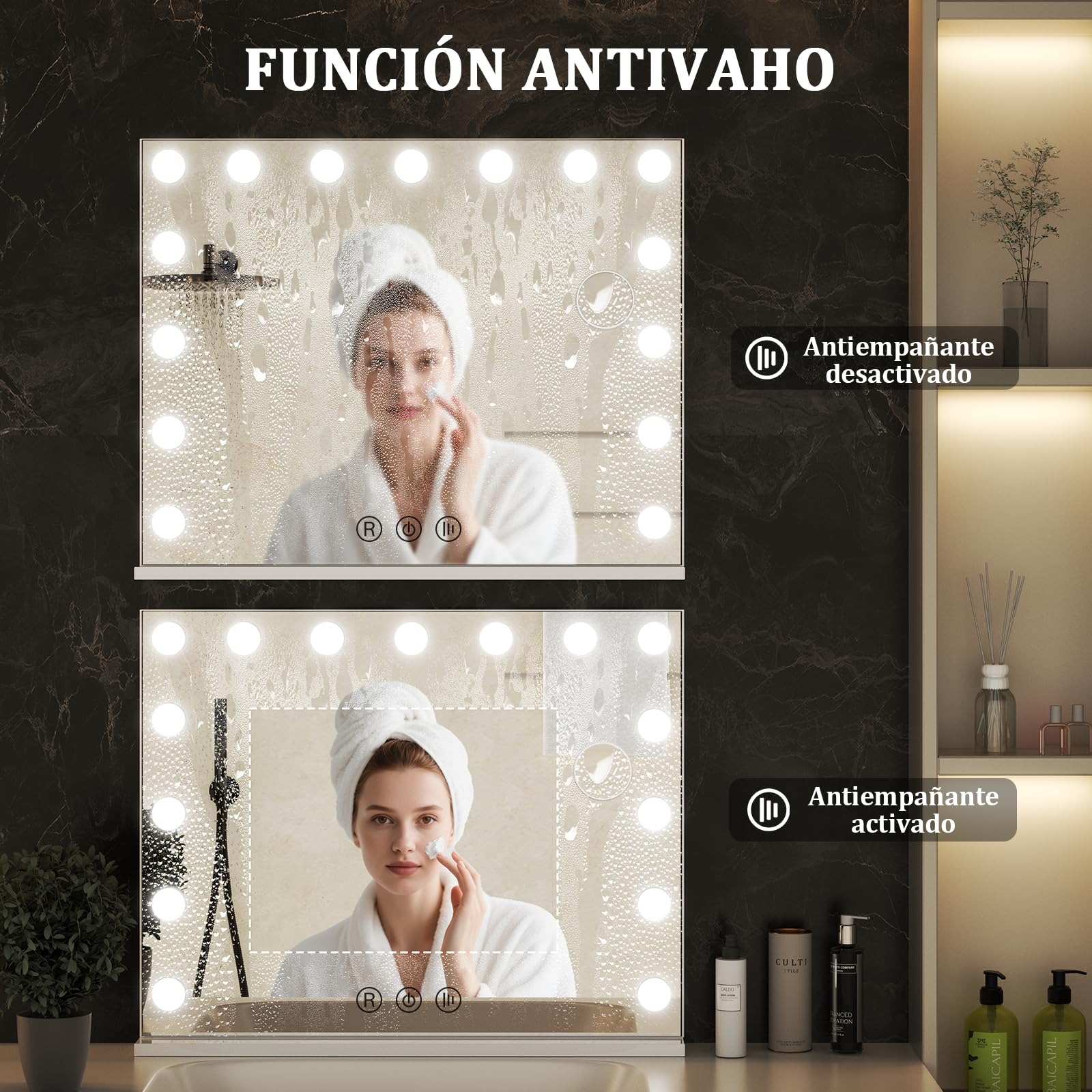 Espejo Maquillaje con Luz 58 x 46 cm, 15 LED, 3 Modos de Luz, Espejo de cortesía Hollywood, Accesorio de Aumento Incluido, Control Táctil, Función de Memoria, para Dormitorio