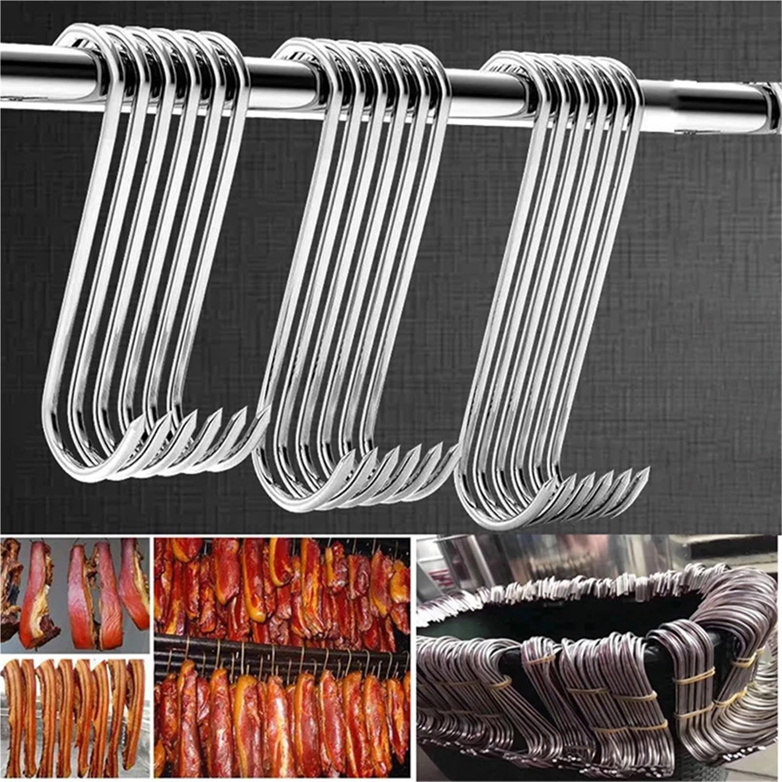 100 ganchos en forma de S acero inoxidable con punta afilada for colgar utensilios carne, ropa y carnicería, cocina repostería para Procesamiento de Carne(M15cm)