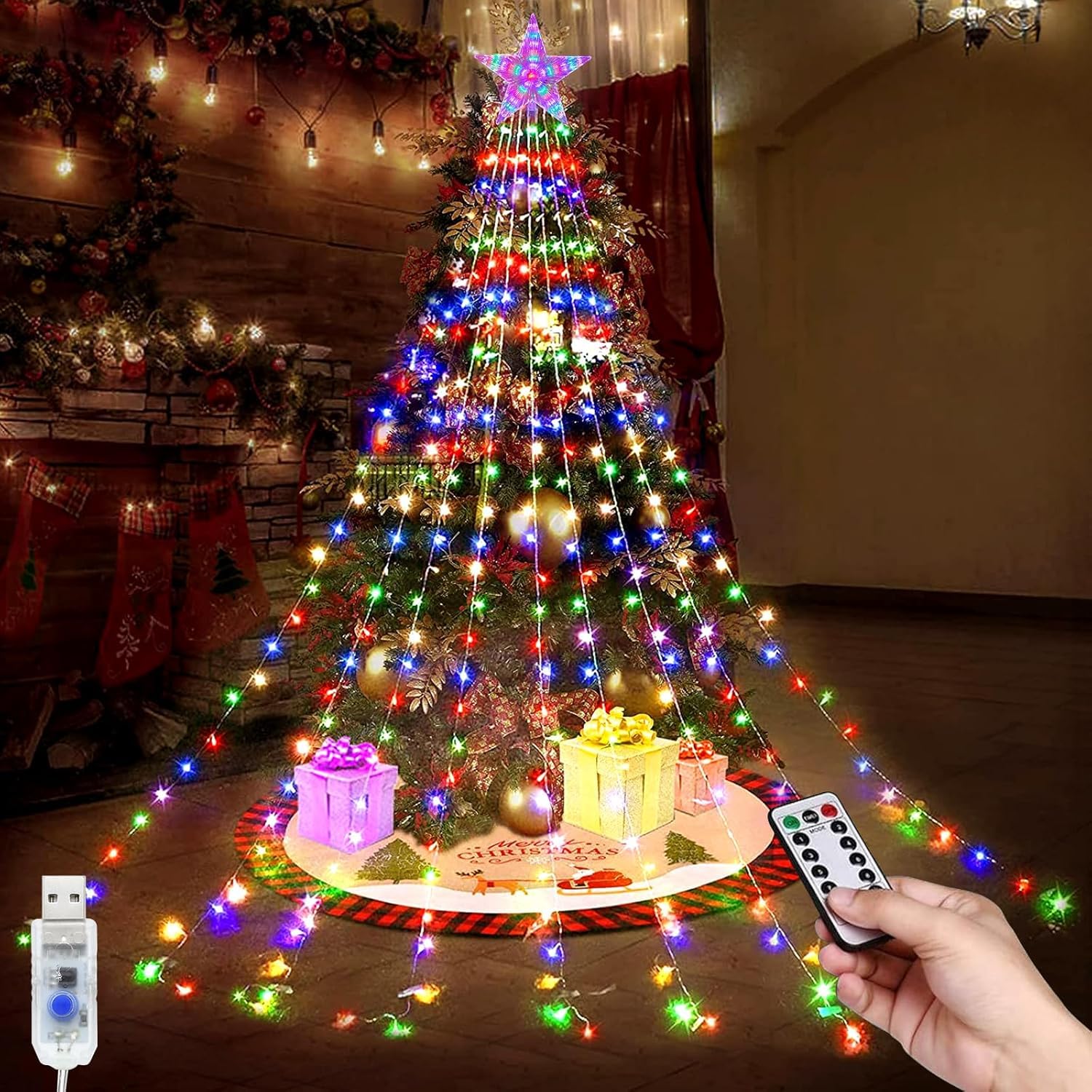 Kousee Christmas Decorations Star Light, 9Pcs 2M Waterfall Fairy String Lights, 198 LEDs 8 Modes Waterproof USB LED Lights with Topper Star for Tree, Garden, Party, Festival (Multicolour)