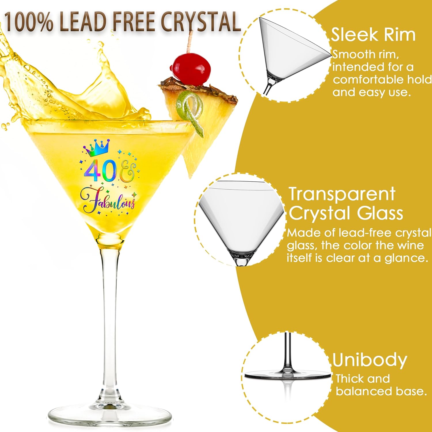 40th Birthday Martini Glasses Gifts, Personalized Colorful Print ’40 Fabulous‘ Cocktail Glass Set for Women, Gift Package with Over Size Glass for 40 Years Old Woman
