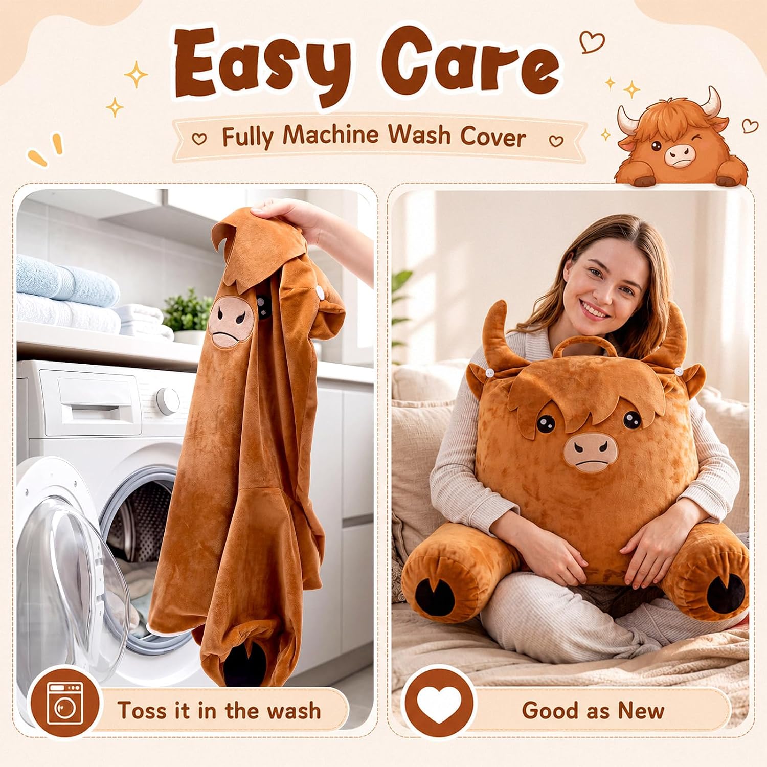 Highland Cow Reading Pillow for Bed Large Crystal Velvet Back Pillow with Removable Headrest Soft PP Cotton Filled Sitting on Sofa Floor Dorm for Adult Gaming Lounging Watching