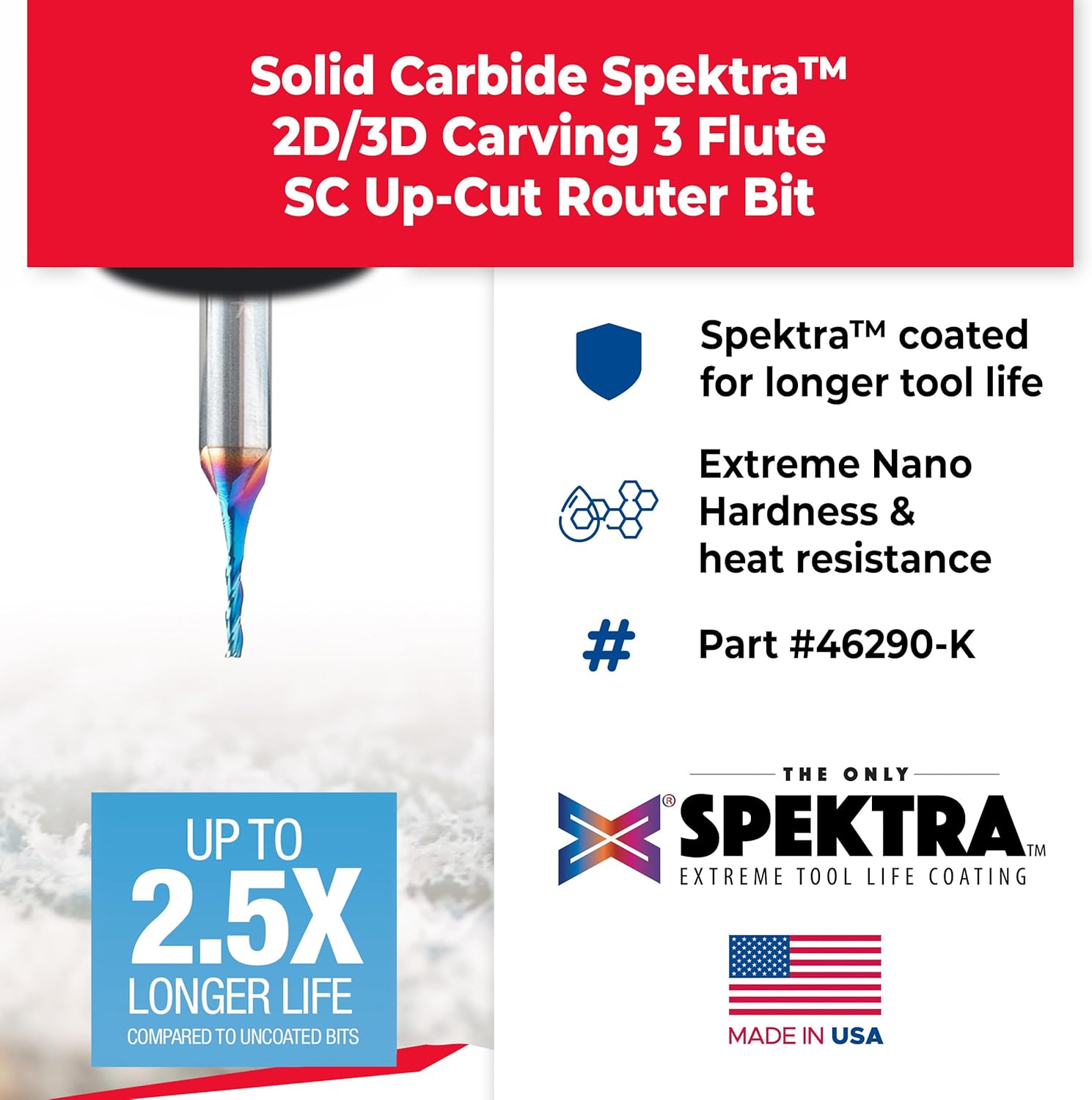 Amana Tool Up Cut Solid Carbide Spiral 2D/3D Carving Router Bit, 46290-K, Flat Bottom 0.10 Deg A x 1/16 D x 5/16 x 1/4 Shank x 2” Long x 3 Flute