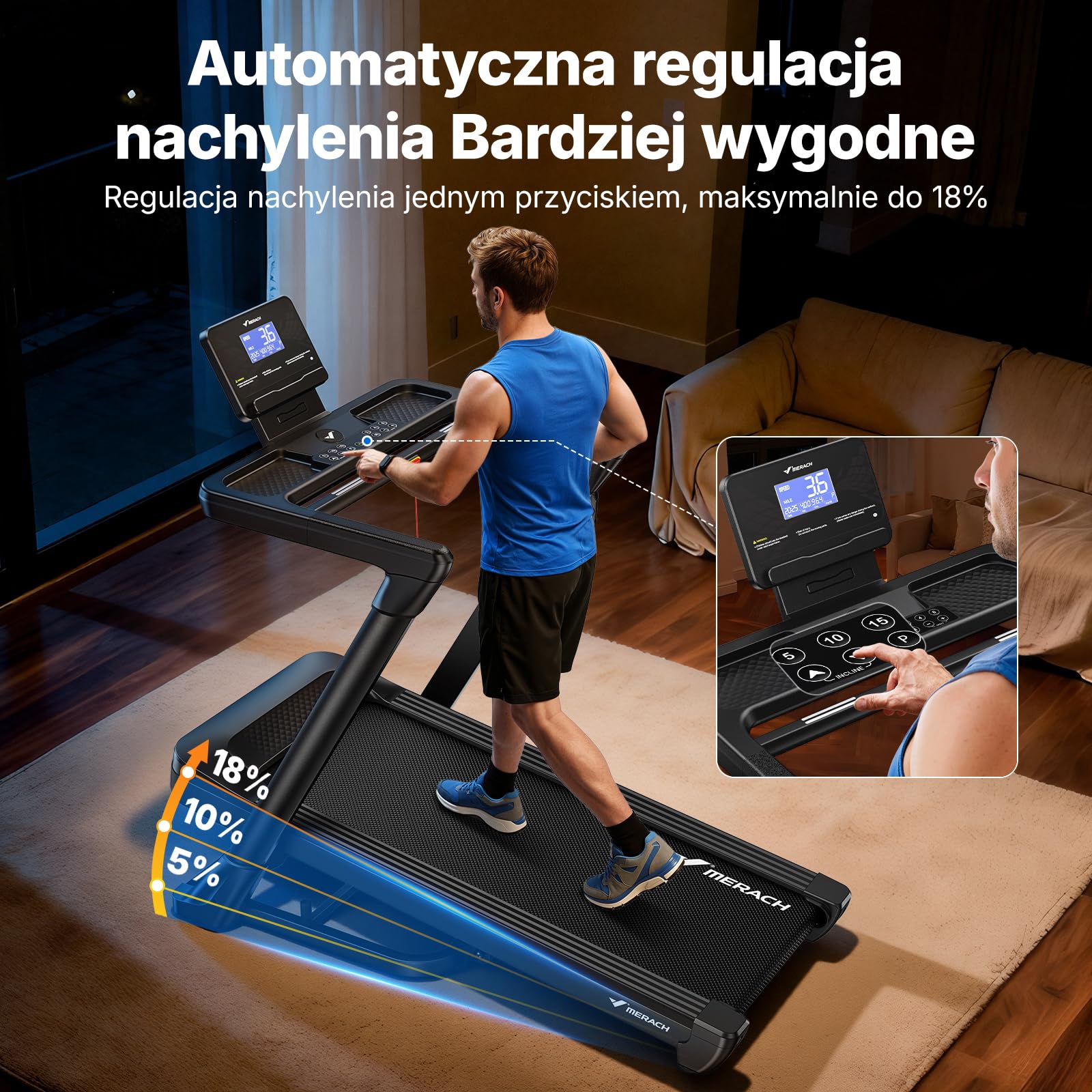 MERACH Bieżnia do domu z nachyleniem, automatyczne nachylenie 18%, 1-14 km/h, składana, 3,5 HP Walking Pad, Treadmill for Home Max 159 kg, 46 x 120 cm, aplikacja do biegania z 12 programami