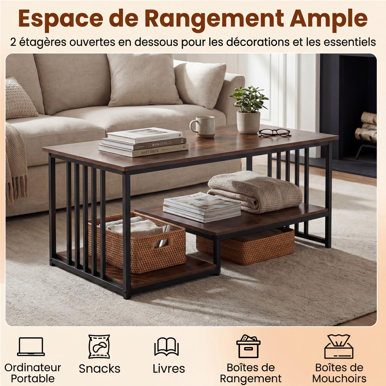 COSTWAY Table Basse Marbre, Table Basse Salon Rectangulaire avec 2 Étagères, Cadre en Métal Noir, Effet Marbre Gris, pour Salon, Maison, 110 x 60 x 45 cm (Marron Rustique)