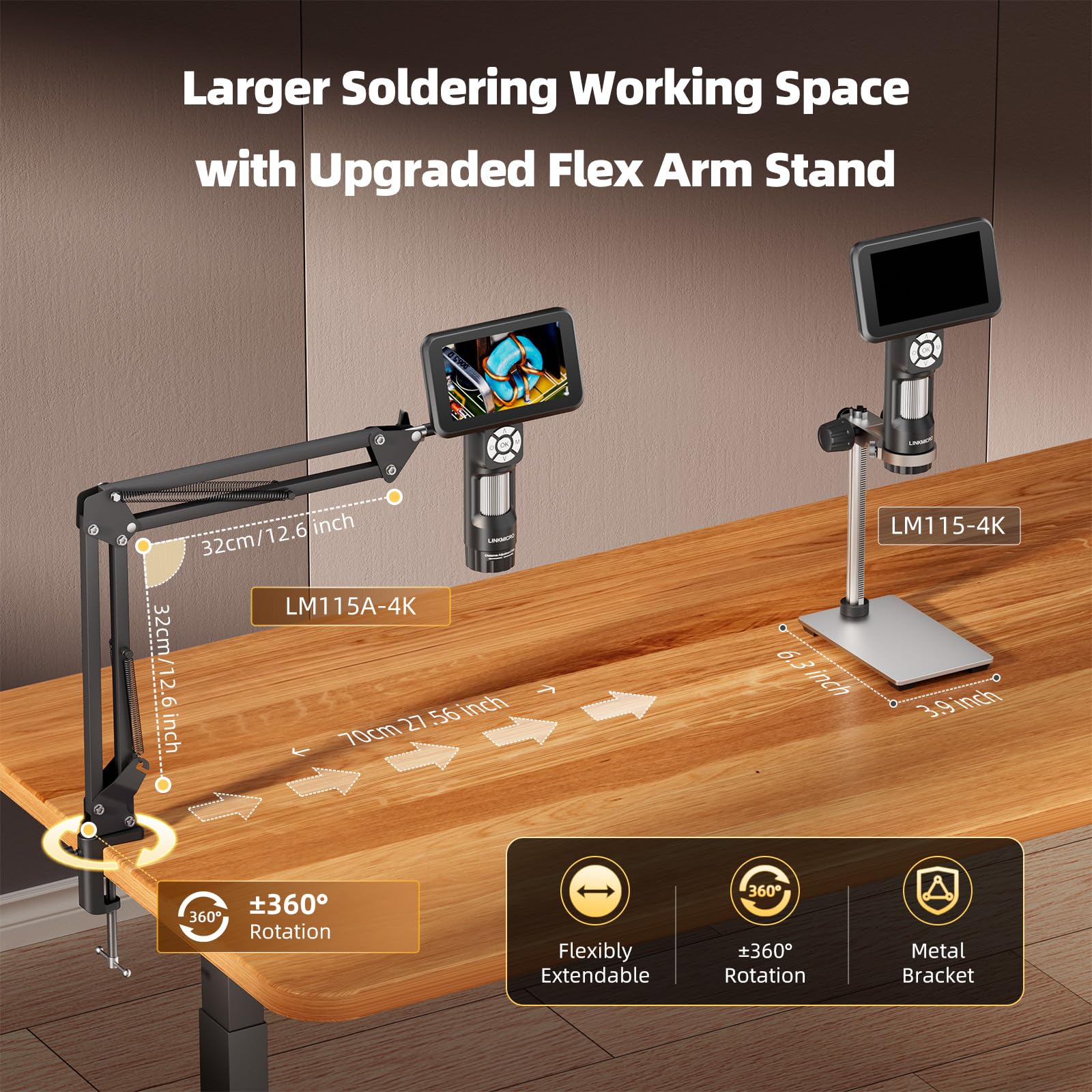 4K HDMI Digitalmikroskop mit Flexarm Ständer, 4K Lötmikroskop Kamera für Erwachsene, 5 Zoll Bildschirm, 3840P Video, 1200X Hand-Münzlupe Vollsicht, 8 LED-Licht, PC-Ansicht, 32G, LM115A-4K