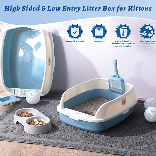 Vista 4 de Sliner 7 Pcs Kitten Litter Box Starter Kit, 2 Plastic Small Kitty Litter Box Training Low Entry with Scoop, 2 Double Cat Bowl and Mat for Kitten Azul