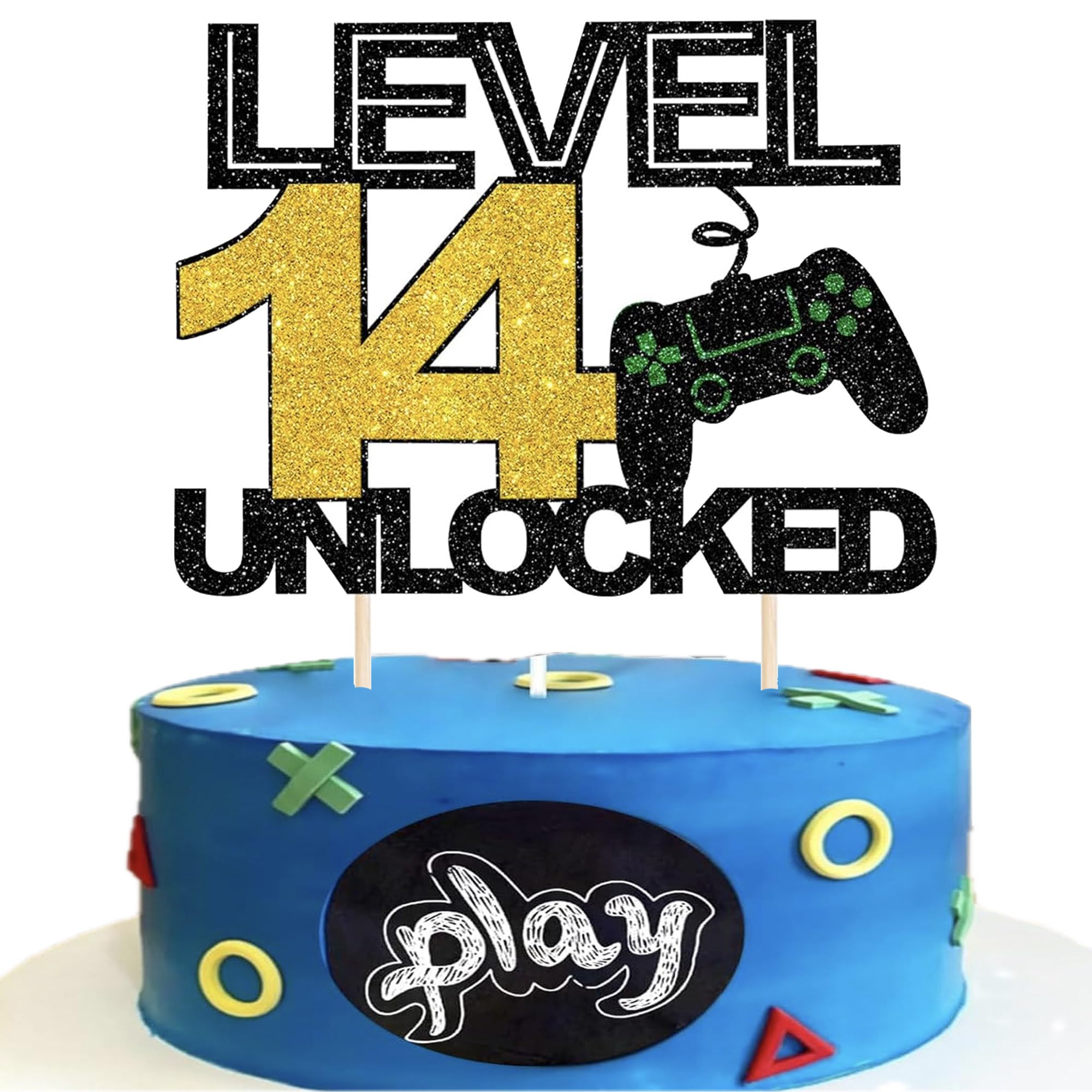 1 Stück 14 Videospiel Cake Topper Glitzer Gaming Level Unlocked Tortendeko 14th Geburtstag Spielkonsolen Kuchen Deko für Jungen Mädchen Spielkonsole Theme Geburtstag Party Kuchen Dekorationen