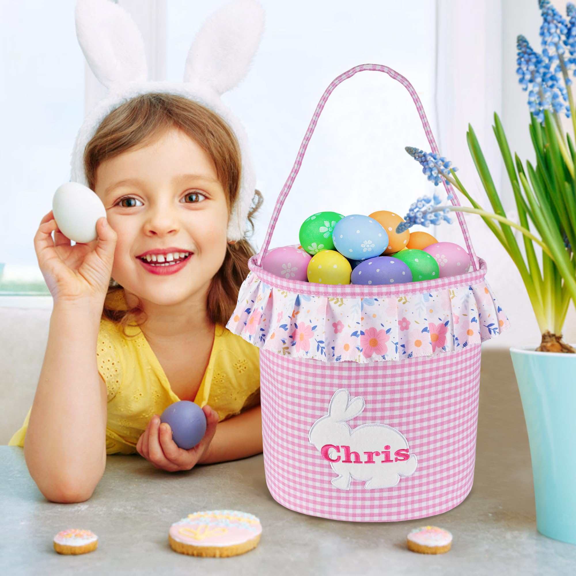 Easter Basket - VIAKDEM Easter Baskets for Kids - Easter Basket with Name - Bunny Easter Basket - Personalized Easter Baskets for Boys, Girls, Toddler, Babies, Infant - Pink Grid