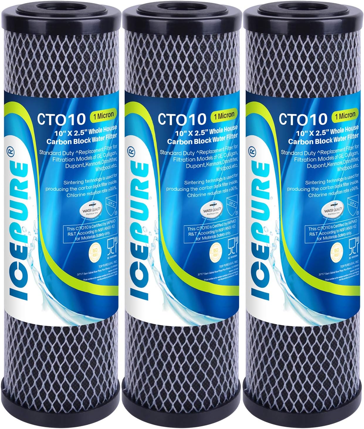 ICEPURE 1 Micron 2.5" x 10" Whole House CTO Carbon Sediment Water Filter Cartridge Compatible with DuPont WFPFC8002, WFPFC9001, SCWH-5, WHCF-WHWC, WHCF-WHWC, FXWTC, CBC-10, RO Unit, Pack of 3