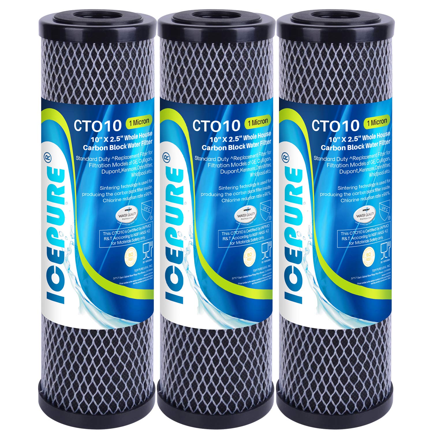 ICEPURE 1 Micron 2.5" x 10" Whole House CTO Carbon Sediment Water Filter Cartridge Compatible with DuPont WFPFC8002, WFPFC9001, SCWH-5, WHCF-WHWC, WHCF-WHWC, FXWTC, CBC-10, RO Unit, Pack of 3