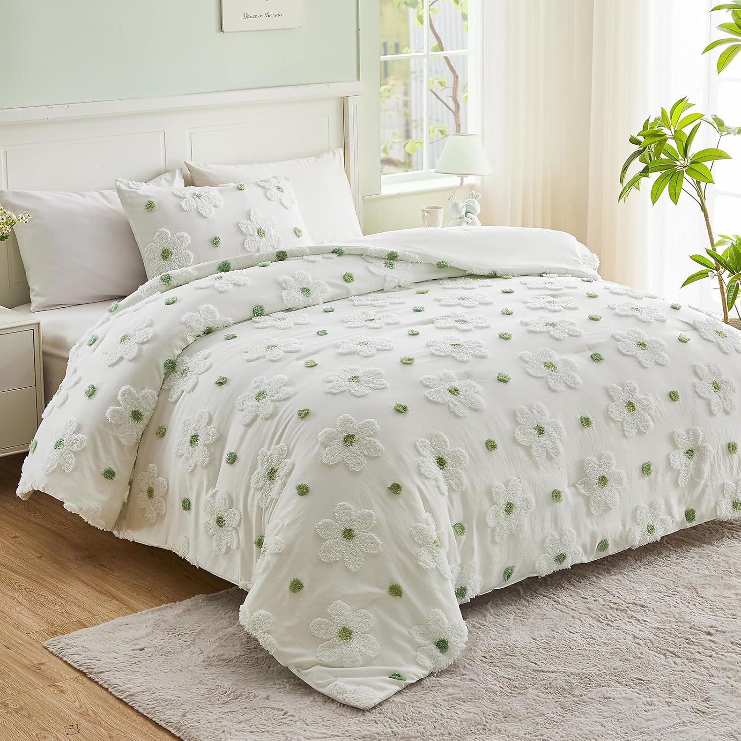 VIVILINEN Twin Comforter Set for Girls 2 Pieces Green Floral Twin Size Bedding Set Cute Comforter with Tufted Daisies Flowers, Lightweight Bed Set for Kids Teen Girls Women | Twin Bedding Set, Twin Comforter, Twin Bed in A Bag, Floral Comforter, Twin Bed Set, Breathable