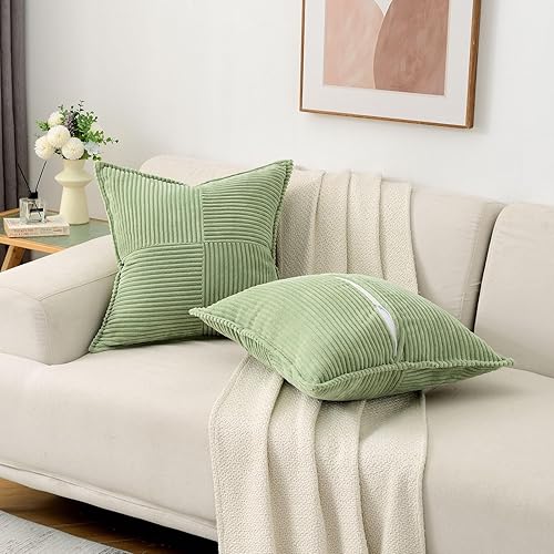 Miniatura 4 de HAUSSY Juego de 2 fundas de almohada de pana suave y sólida de 20 x 20 pulgadas, fundas de cojín cuadradas decorativas de color verde salvia,