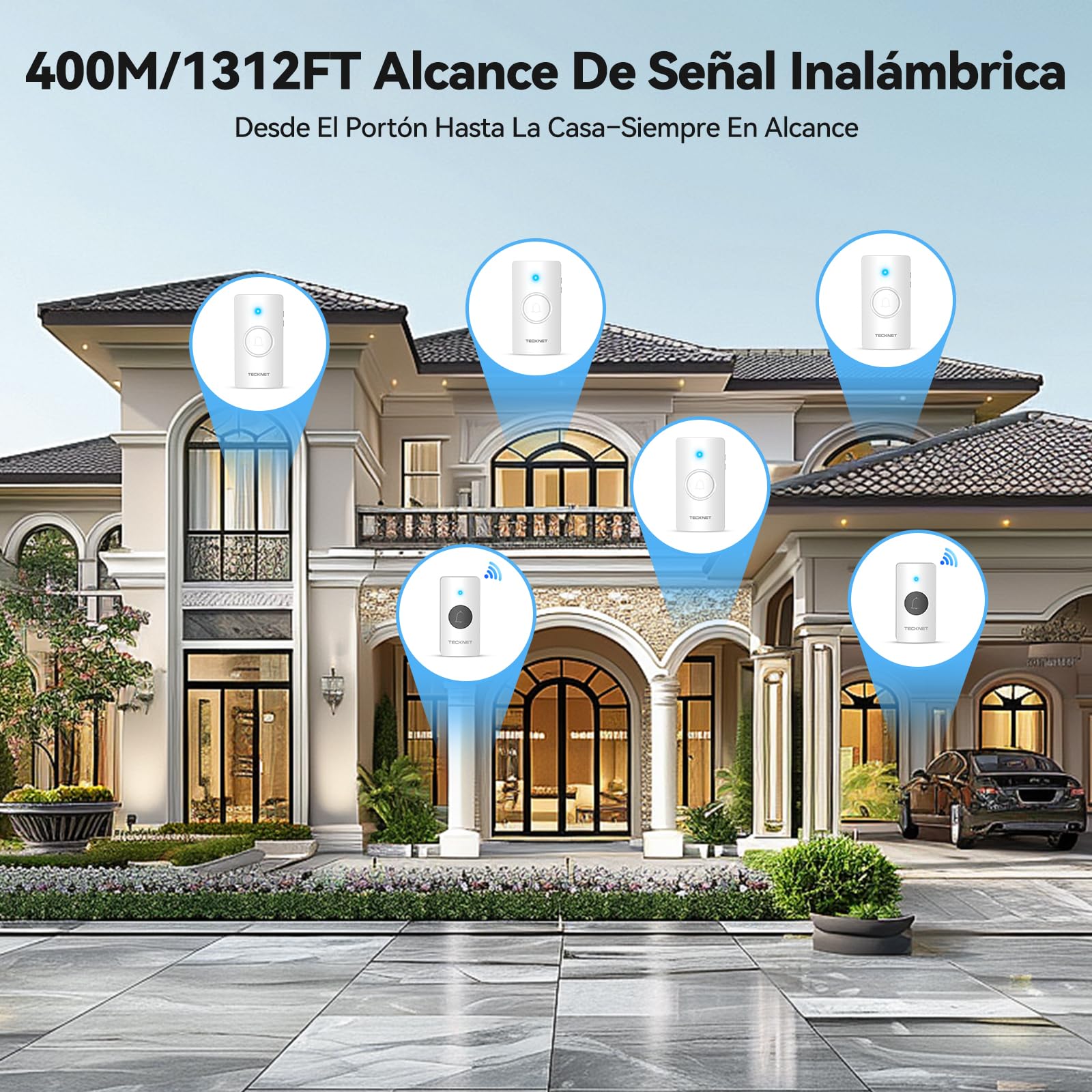 TECKNET Timbre inalámbrico IP65 impermeable 400m para casa | 2 timbres & 4 receptor, 60 tonos, 5 niveles de volumen, batería incluida, Función de memoria, luz LED, para exterior