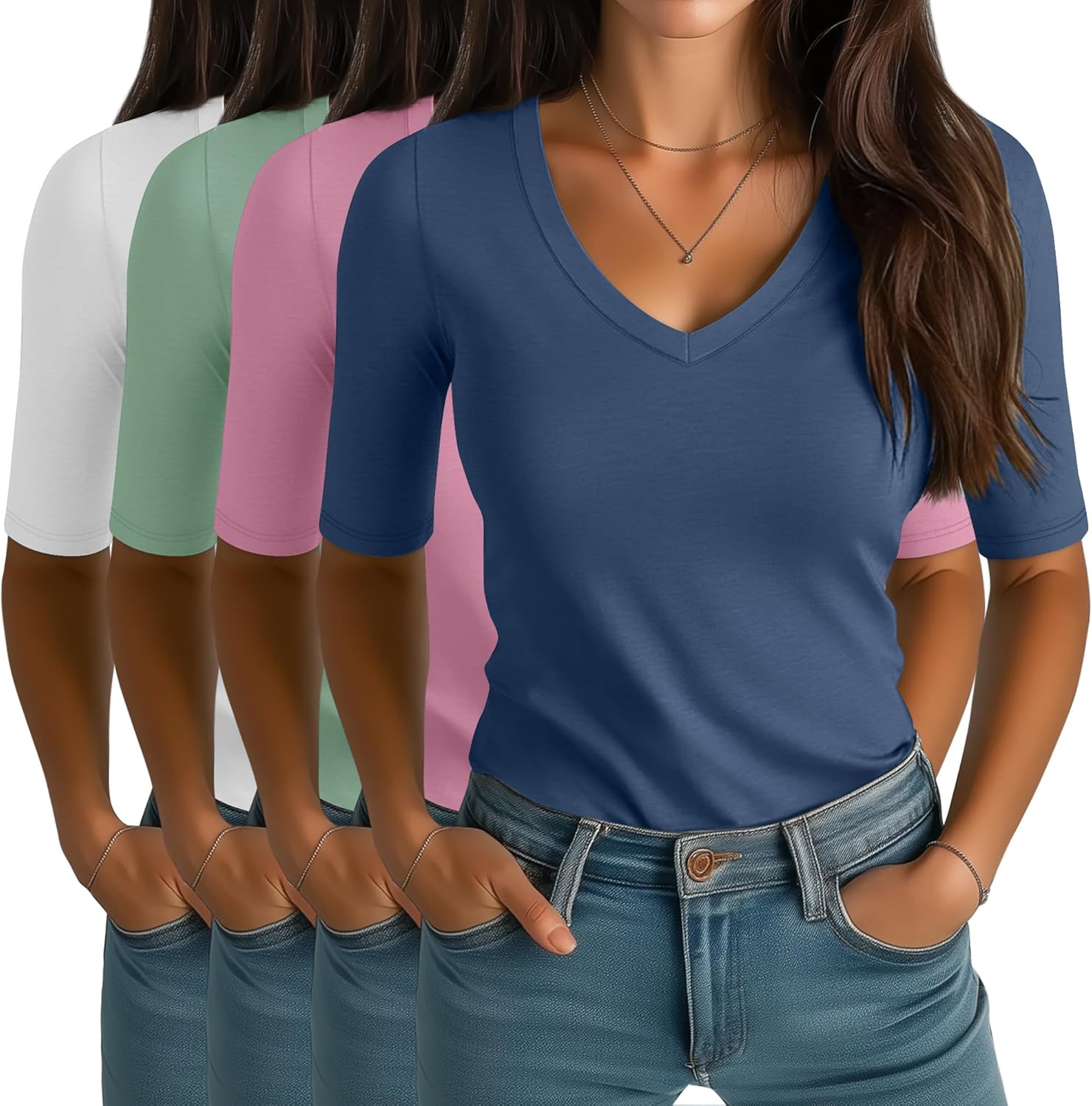 4 Pack Elbow Length Tee Shirts for Women V Neck Half Sleeve T Shirts Slim Fit 1/2 Sleeve Tops Basic Tees