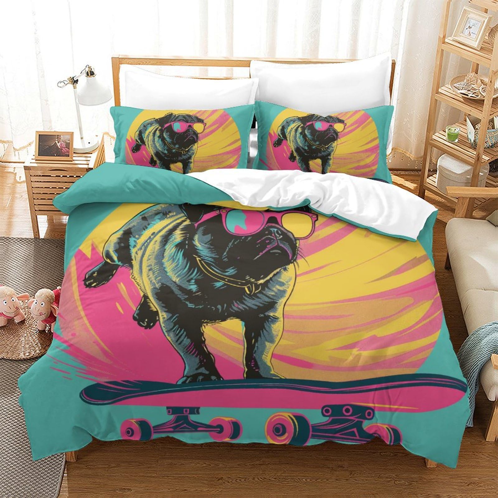 Housse de couette 220x240 motif chien douce qui ne froisse pas avec zip de fermeture