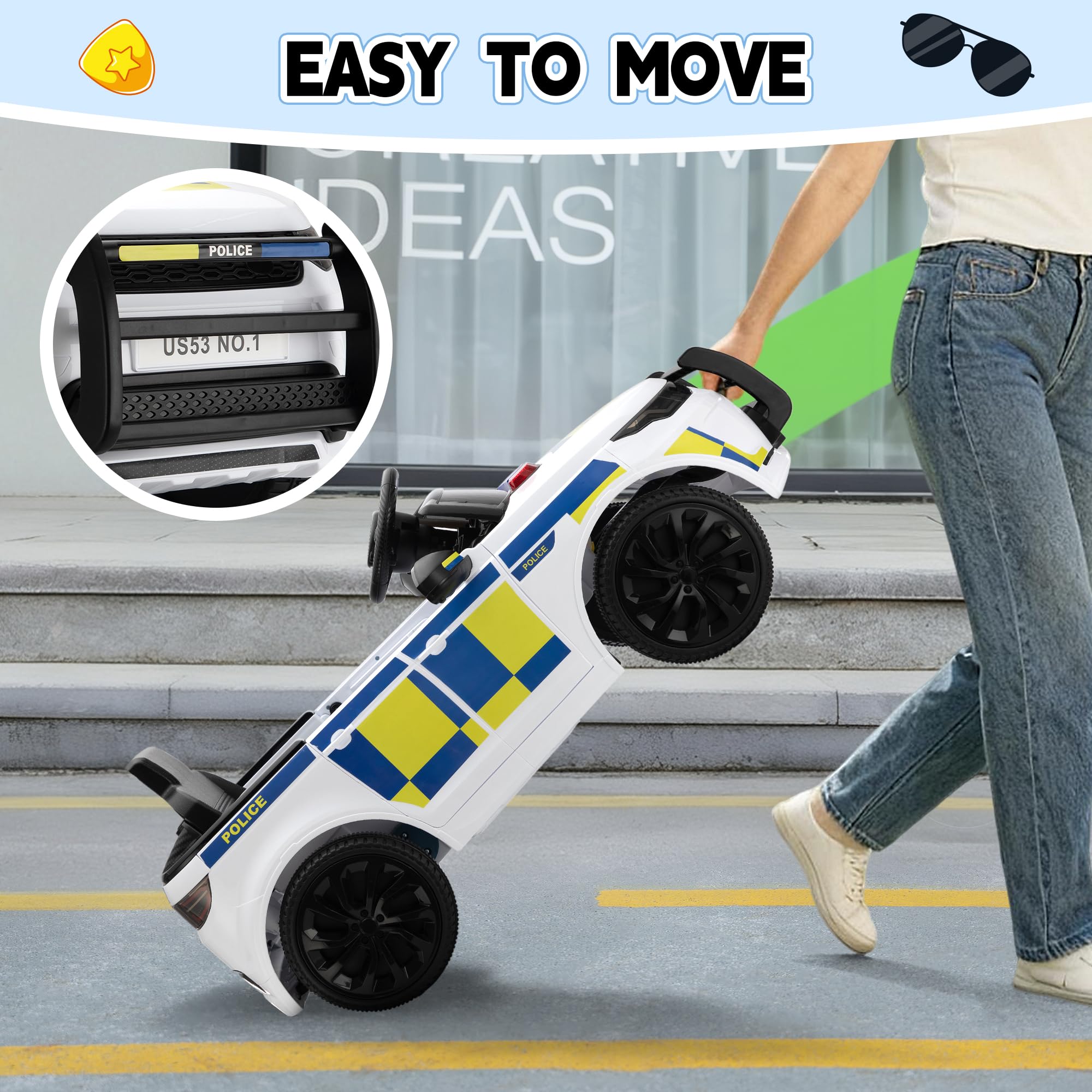 TOBBI Auto della polizia elettrica per bambini, giocattolo da poliziotto alimentato a batteria, 27 W, veicolo a 4 ruote con telecomando per genitori/soft start/3 velocità/clacson e LED, per bambini da