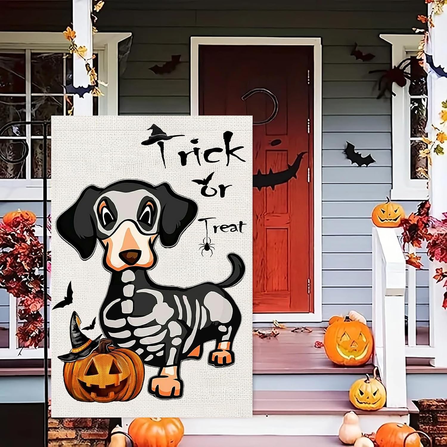 Halloween Trick or Treat Garden Flags 12x18 Double Sided, Ghost Dog Yard Flag for Outside Decor, Holiday Dachshund Skeleton Outdoor Decorations for Home image 4