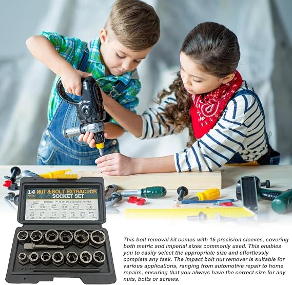 Bolt Extractor Set: 15-Piece High Carbon Steel Impact Bolt Nut Remover, Versatile Bolt Nut Remover, Lug Nut Remover, for Damaged or Rounded Bolts and Nuts (Multiple Metric and Imperial Sizes)