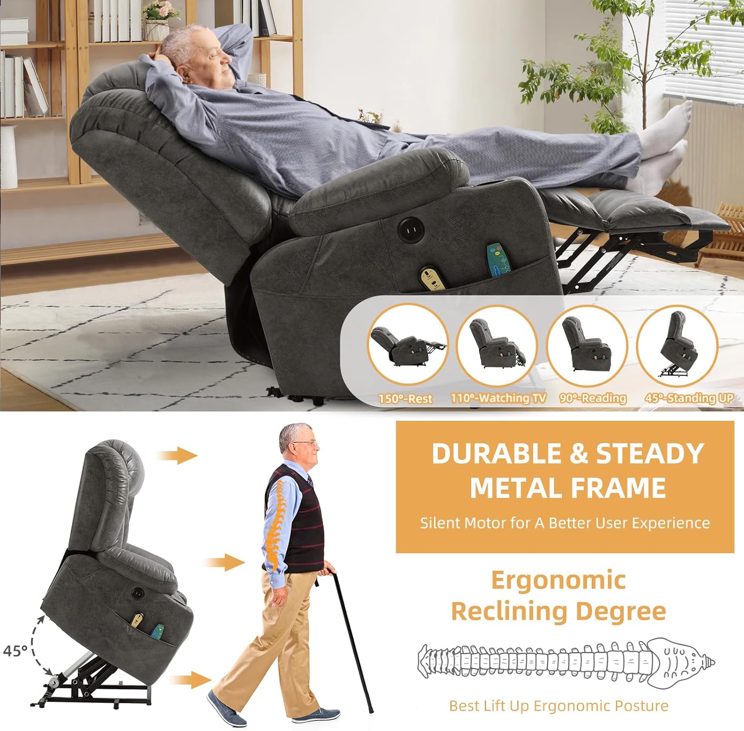 Large Electric Power Lift Recliner Chair with Extended Footrest for Elderly Big, Extra Large and Wide Reclining Sofa for Living Room, Home Theater Seating with Massage and Heat(Grey)