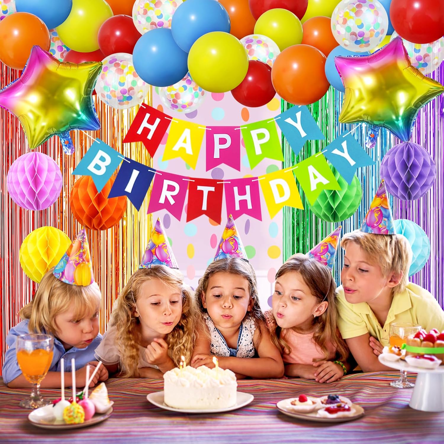 ZERODECO Rainbow Birthday Decorations, Multicoloured Fringe Backdrop Happy Birthday Banner Honeycomb Balls Pompoms Foil Balloons for Kid Baby Boy Girl Colorful Party Decorations - Image 2