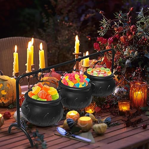 3 cuencos de caldero de brujas con estante de hierro, decoraciones de fiesta de Halloween, cuencos de plástico negro para caldero para Halloween,