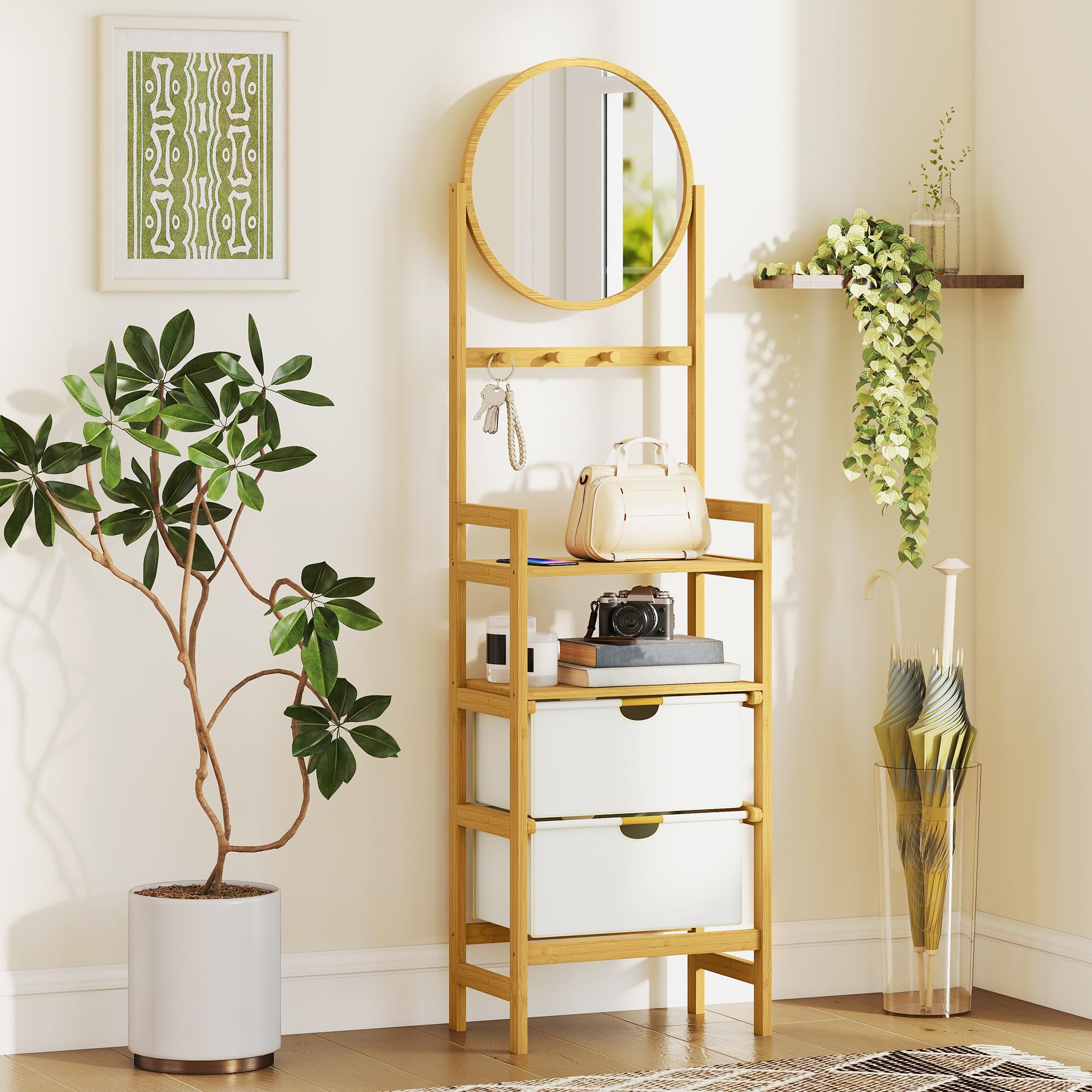 HOMCOM Estantería de Baño de Bambú con Espejo Estantería de Almacenaje con 4 Ganchos 2 Estantes Abiertos y 2 Cajones de Tela para Cocina Baño Salón 48,5x30x170 cm Natural