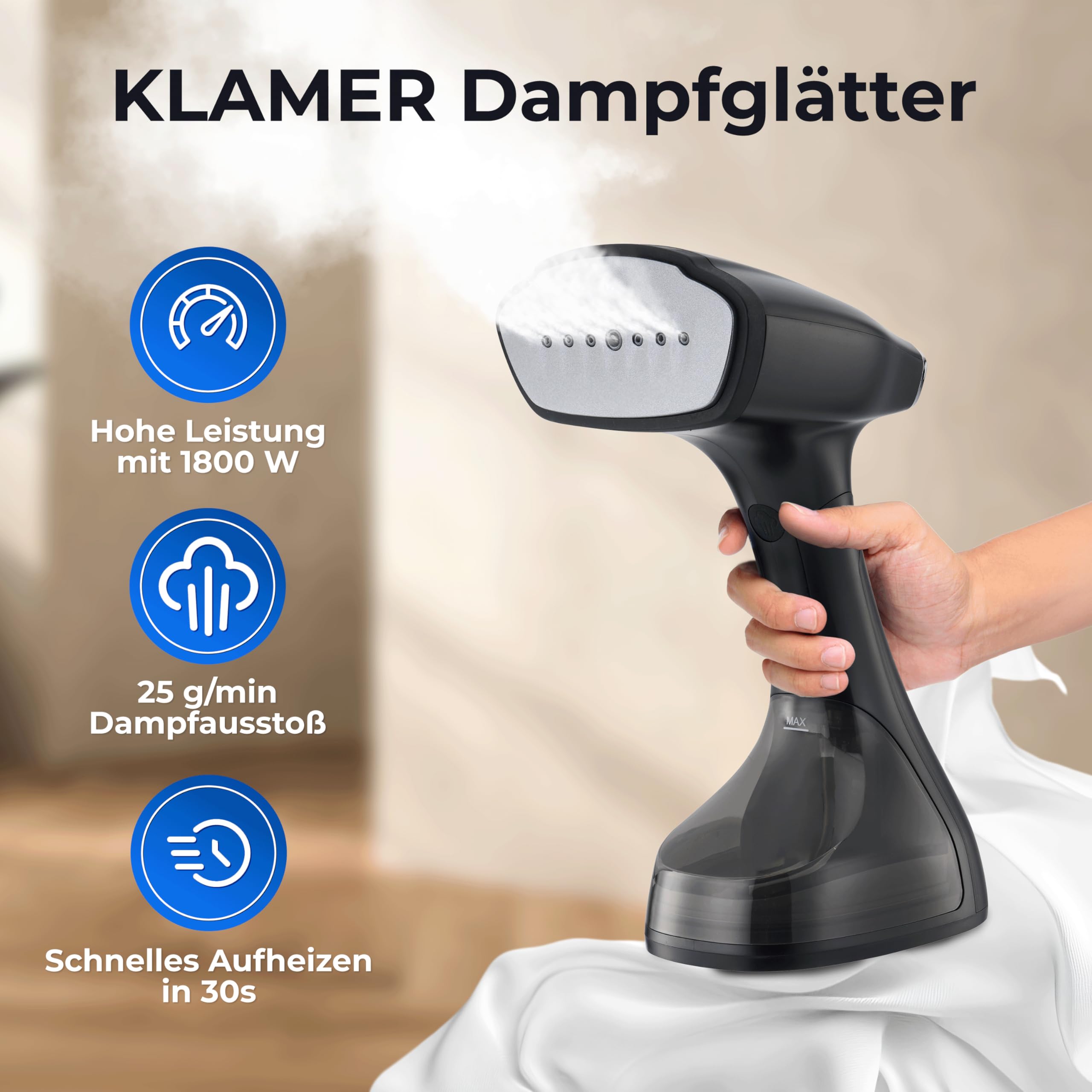 KLAMER Dampfglätter, 280 ml Wassertank, Dampfleistung 25g/min, 1800W, 2 Aufsätze geeignet für alle Stoffe von Seide bis Baumwolle, klappbar für Zuhause, Reisen und Büro