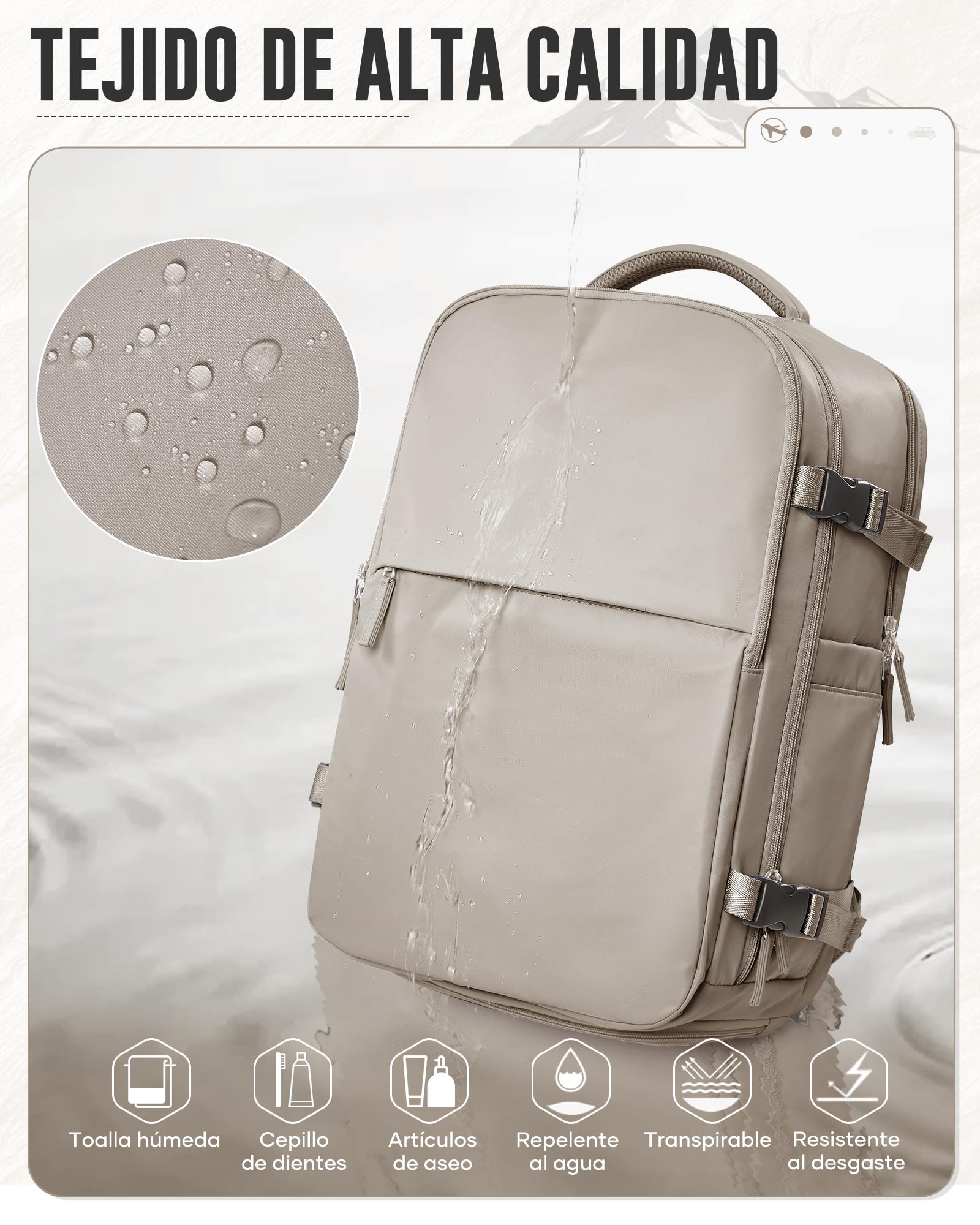 Mochila Viaje al Vacío con Bomba, Mochila de Viaje Cabina Avion 40x30x20 Ryanair,Impermeable Mochila Compresion al Vacio Para Portatil 14" Hombre y Mujer(Marrón grisáceo)