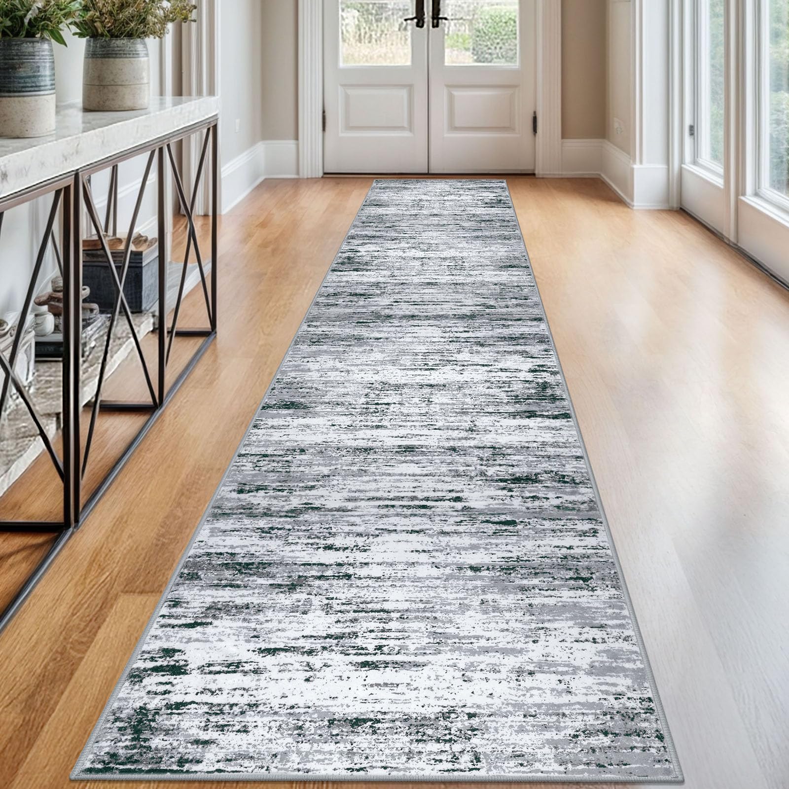Lansny Modern Abstract Runner Rug 2.6x12, Black Grey White Washable Long Kitchen Runner Non-Slip Soft Hallway Rug Runner Thin Print Faux Wool Carpet