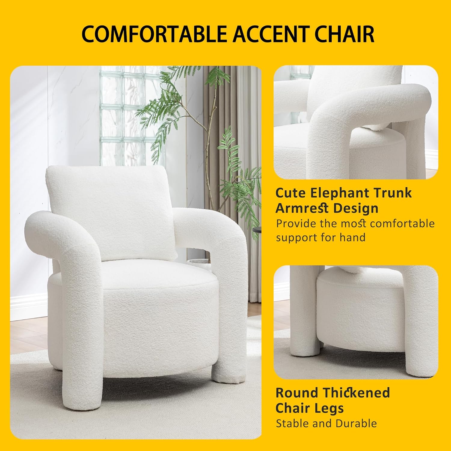 Modern Sherpa Boucle Accent Chair,Teddy Upholstered Armchair,Vanity Chair Single Sofa,Cozy Fluffy Reading Chair for Living Room,Vanity,Office,Bedroom,Corner(White)