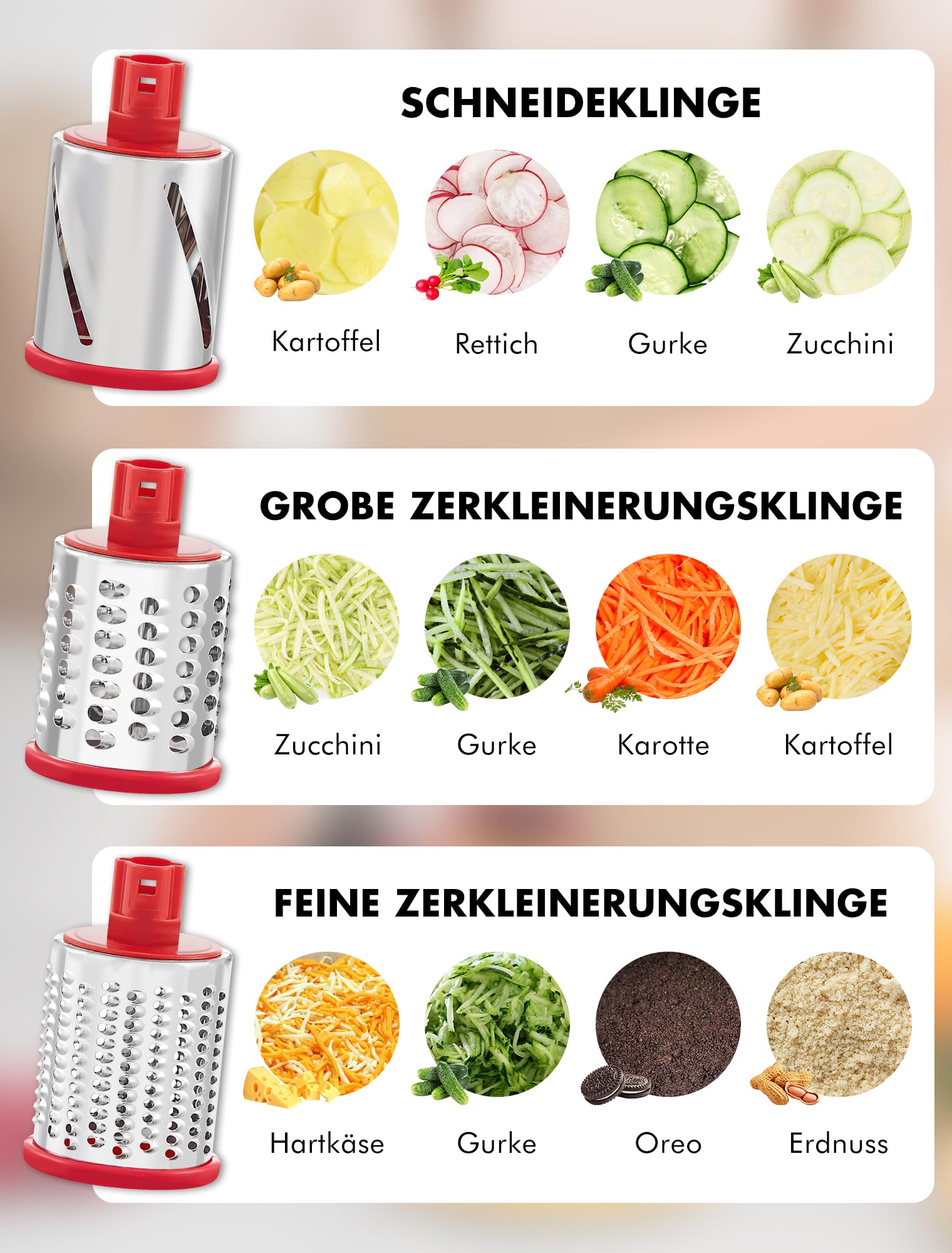 GDL Râpe à Fromage, Rapeuse Legume Fromage avec 5 Lames de Tambour, Moulin a Rapeuse Legume Manuelle Rapide et Facile, Rape Fromage Legume pour Fromage, Glace, Noix, Concombre, Carotte, Rouge