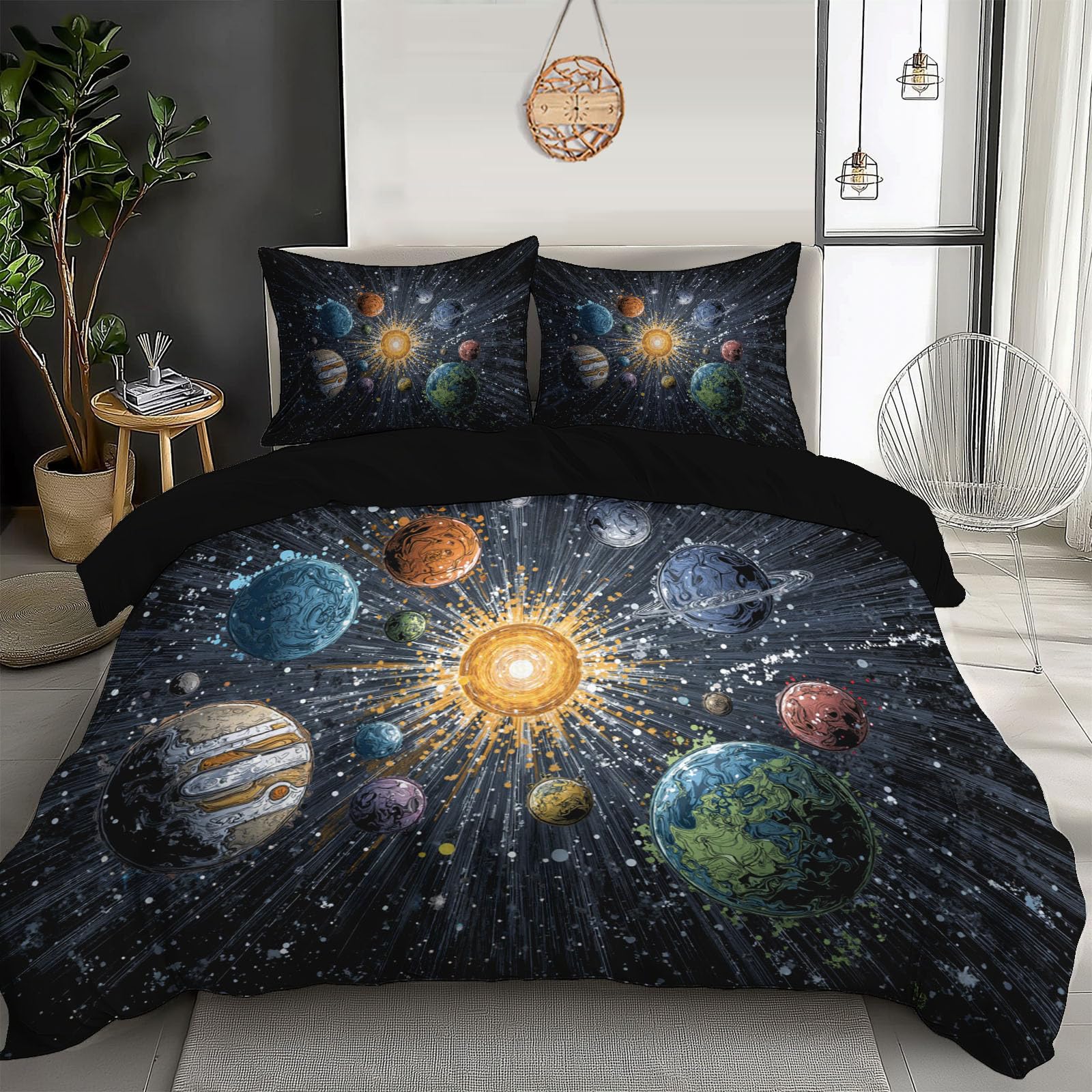 Housse de couette système solaire imprimé noir parure de lit 240x260