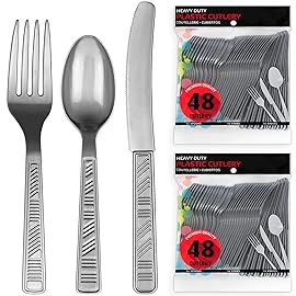 DecorRack Plastic Cutlery Set, Silver Colored Plastic Silverware Sets for Parties, 96 Piece Bulk Heavy Duty Utensils (Silver, 96 Pieces)