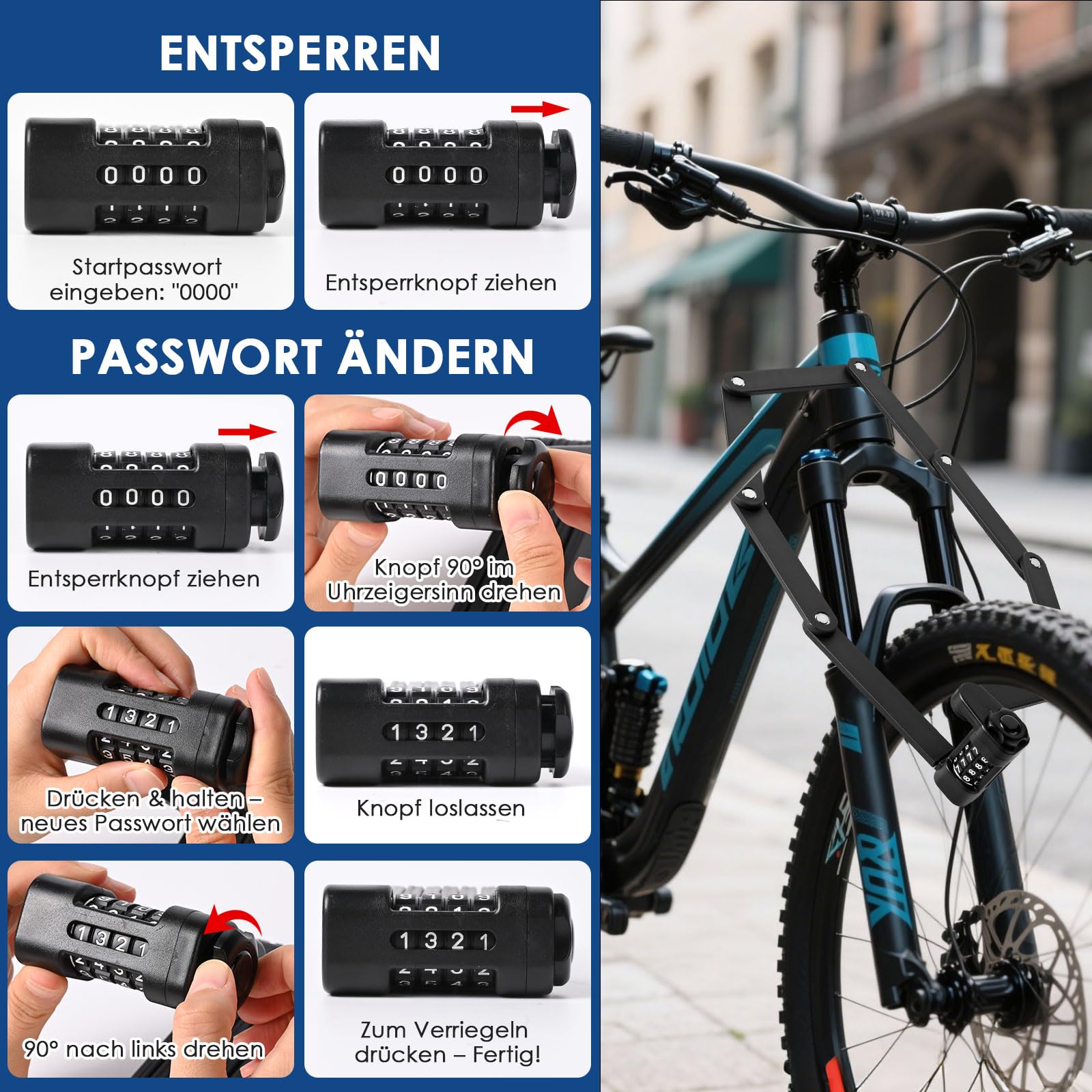 Gaethra Faltschloss Fahrrad Zahlenschloss, Fahrradschloss Faltschloss 110cm, Fahrrad Schloß mit 4-stelliges Codeschloss, Fahrradschloss Hohe Sicherheit mit Halterung, für Motorrad, E-Bike, Fahrrads Sport & Freizeit