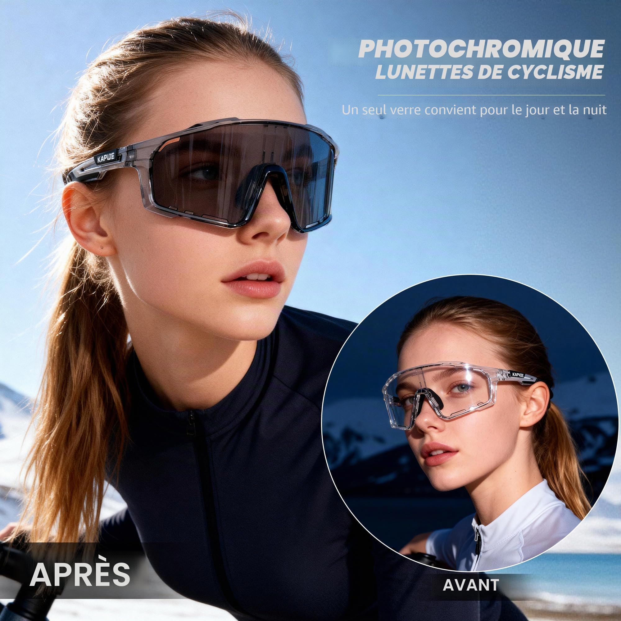 KAPVOE Lunettes Cyclisme Cadre et Verre Photochromiques K76 | Verre & monture photochromiques, UV400, nez réglable