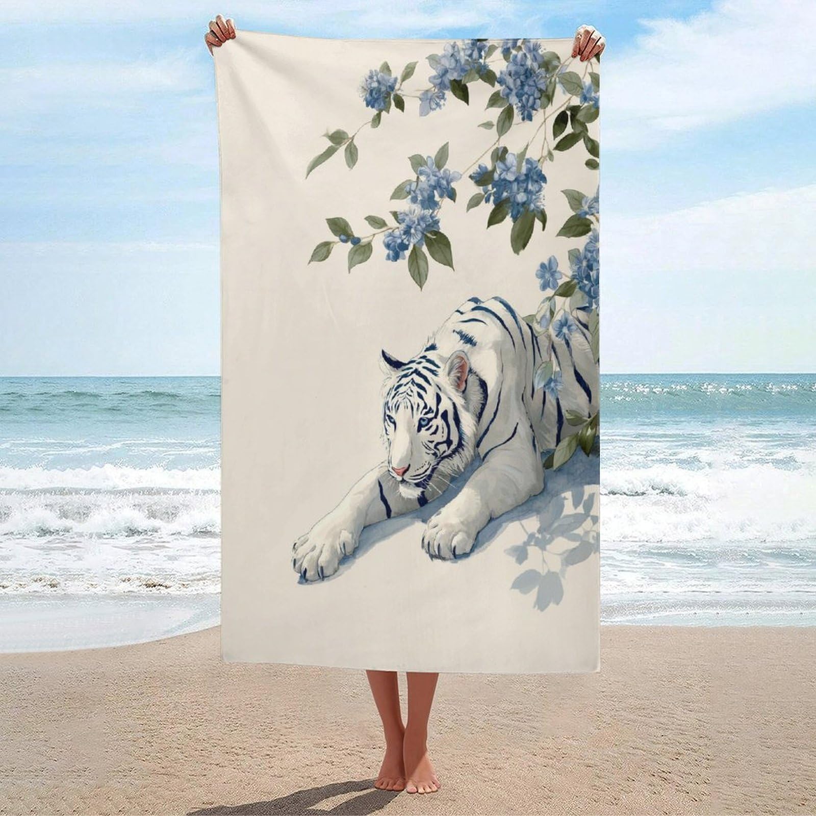 LSRCPD Elegant White Tiger Stretching Beach Towel Sand Free Microfiber Large Shower Towels Multipurpose Absorbent for Bathroom Pool 130x80 CM