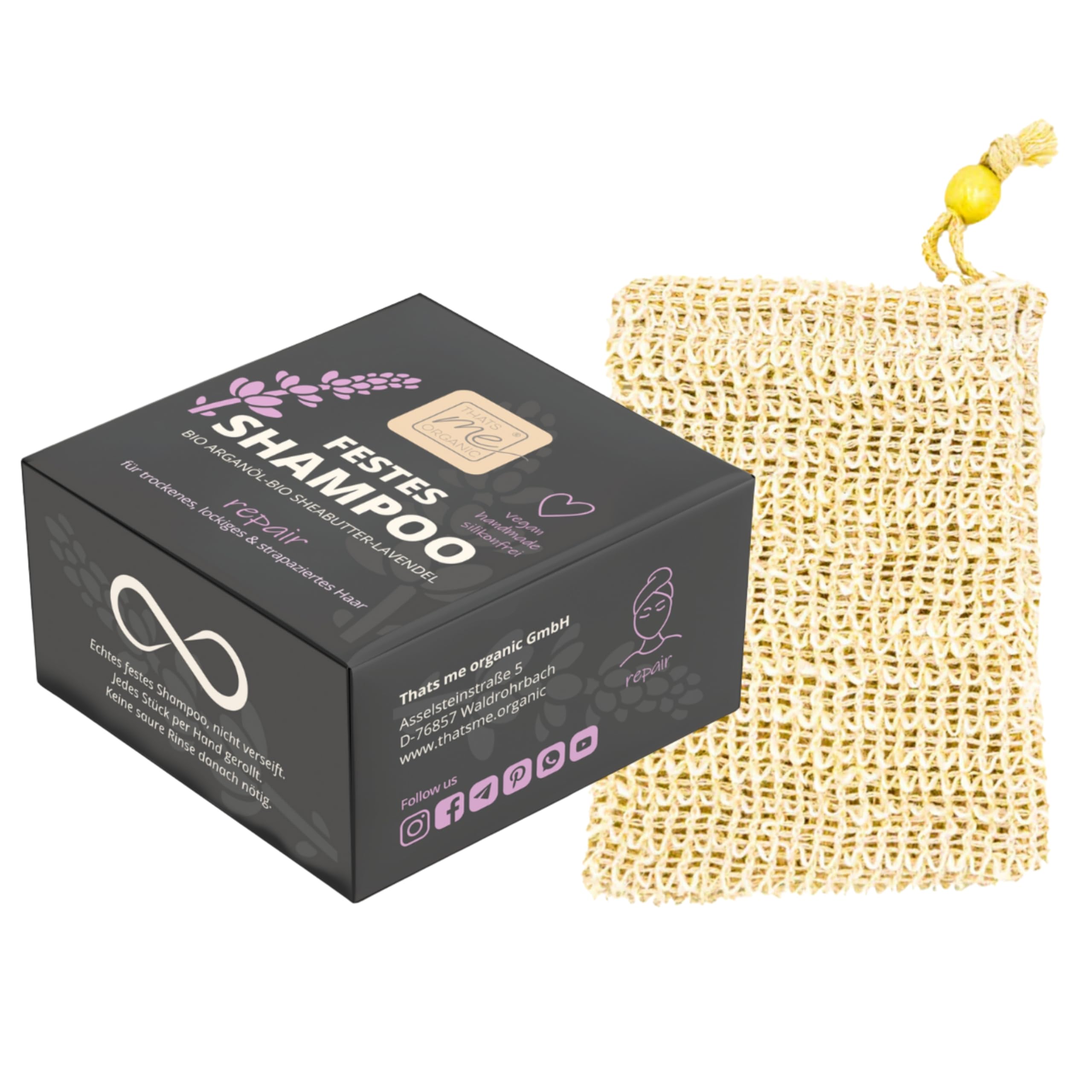Thats me Organic Festes Shampoo „repair“ (Sparset mit Seifensäckchen) für trockenes, lockiges & strapaziertes Haar – Handgemacht mit Anti-Frizz Effekt – Ergiebiger Shampoo Bar