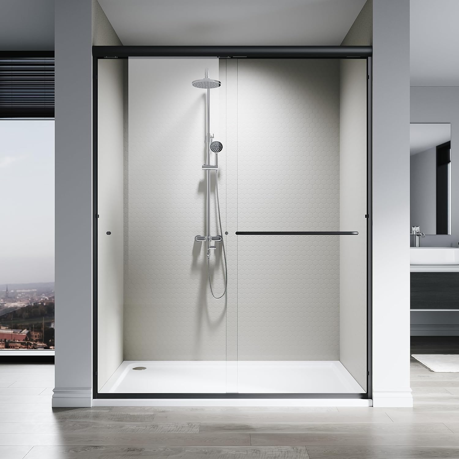 Shower Door 60" W x 76" H, Double Sliding Shower Door with 1/4" (6mm) Tempered Glass, Semi-Frameless Bypass Bathroom Door, Easy to Clean, Matte Black Finish