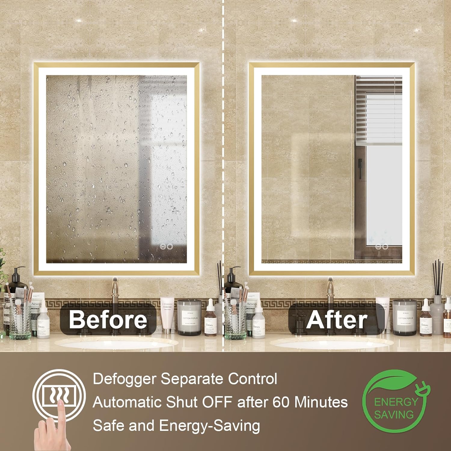 Two mirrors side-by-side, one fogged up labeled 'Before' and one clear labeled 'After', demonstrating the defogging function.