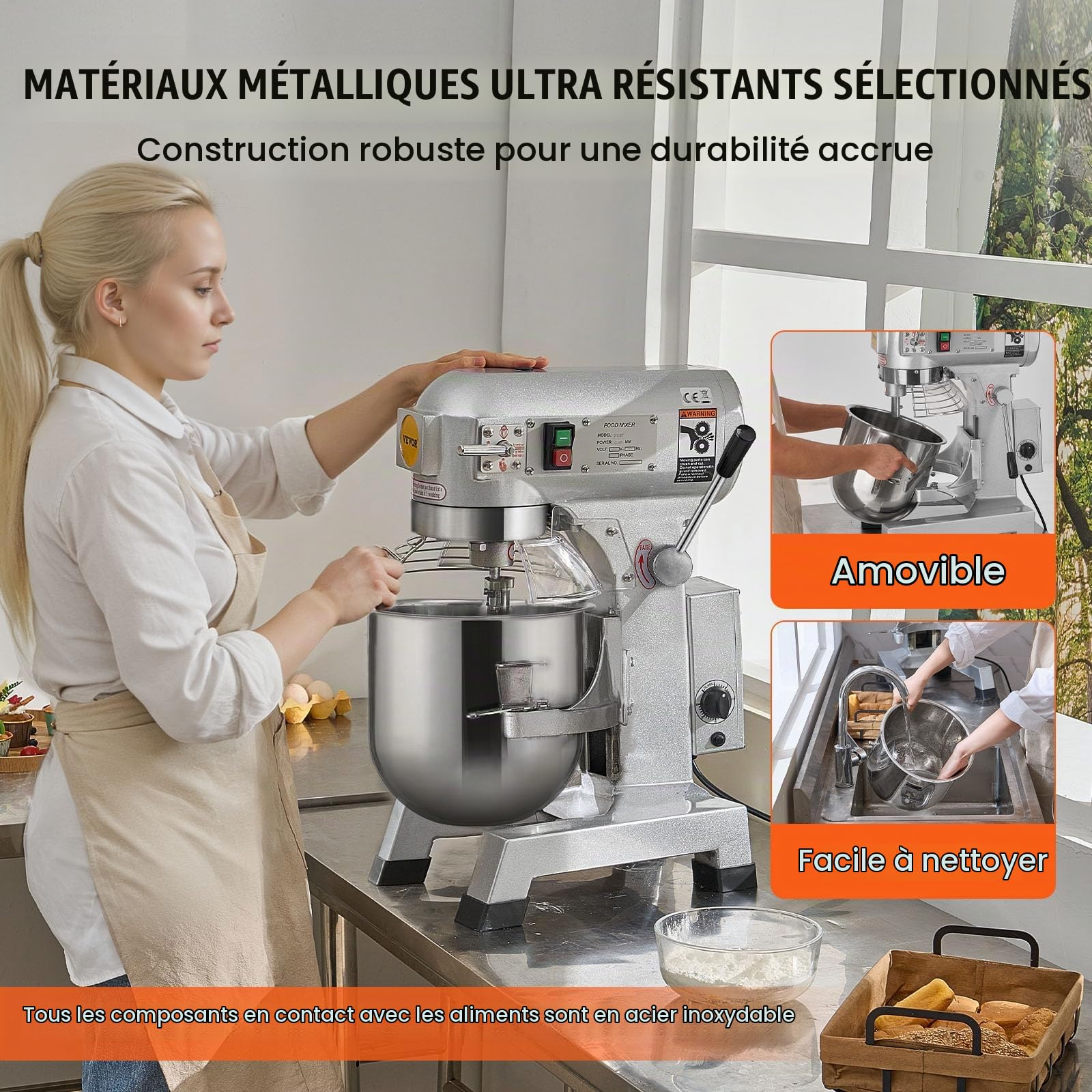 VEVOR Robot Pâtissier Commercial 18,7 L, Batteur Mélangeur avec 3 Vitesses Réglables, Mixeur à Pâte 1100 W, avec Bol en Inox et 3 Accessoires de Mélange, pour Restaurant, Boulangerie, Pâtisserie