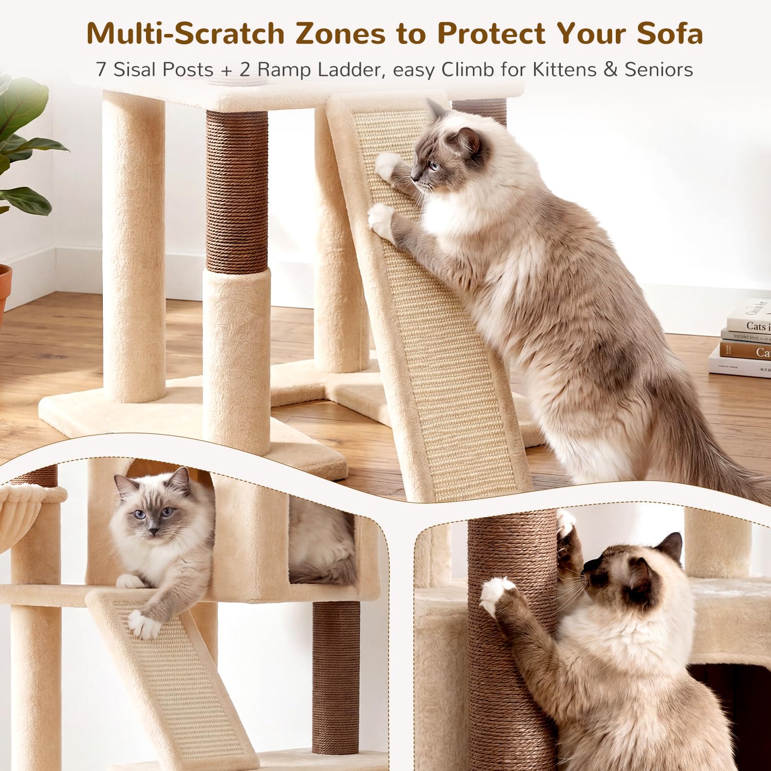 Globlazer Arbre à Chat XXL pour 3-4 Grand Chats 200 cm avec 2 Immense Niches, Rembourré Plateformes 50 * 30 * 30CM, 3 Panier, Planche Sisal, Stable Arbre a Chat pour Plusieur Chat Adulte (F78, Beige)
