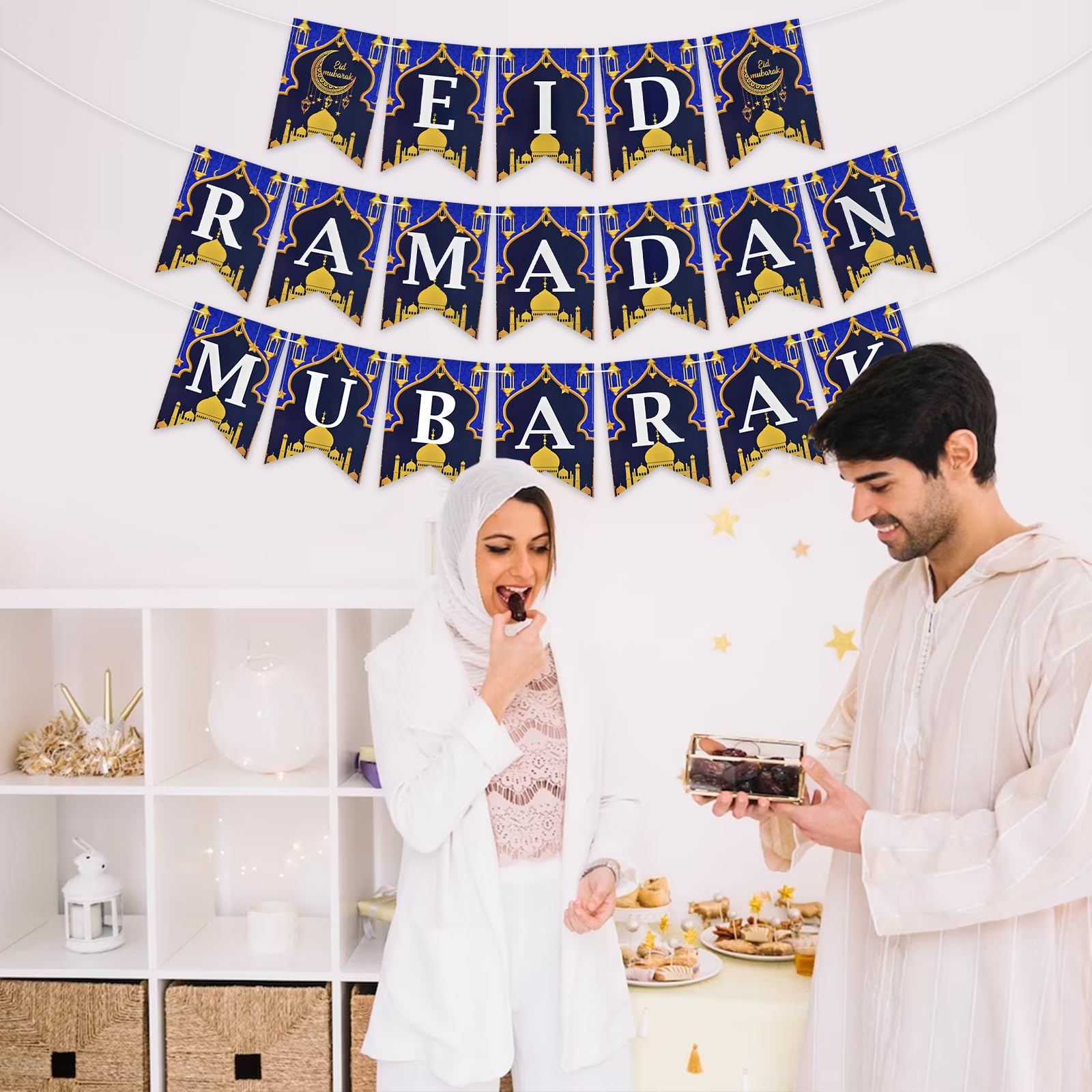 Eid Mubarak Banner & Decorations - Gold Dust Cardboard Bunting Garland For Home, 42 Inch String - View #5