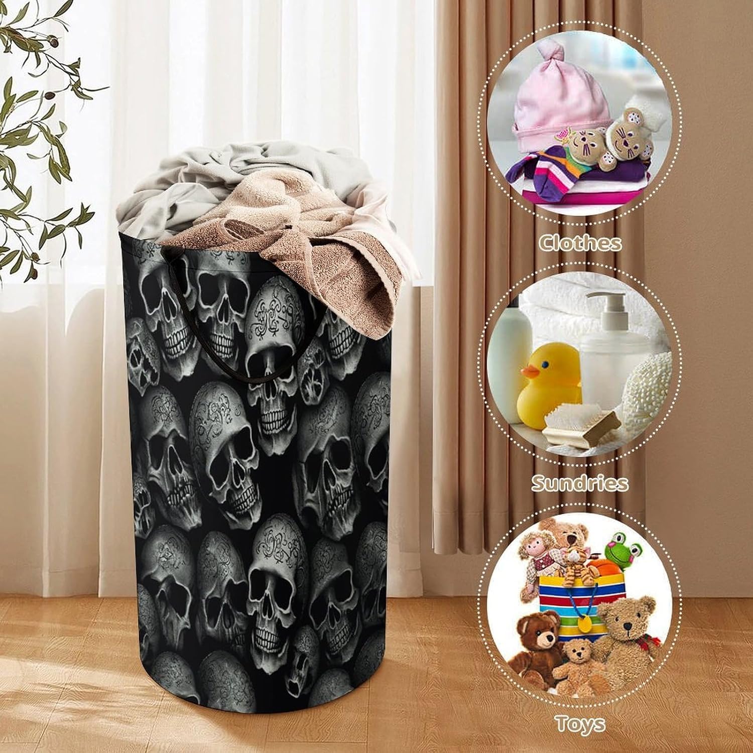 Black Skull Laundry Hamper 86L Waterproof Collapsible Clothes Basket with Double Handles Freestanding Foldable Laundry Basket Large Clothes Hamper for Bathroom