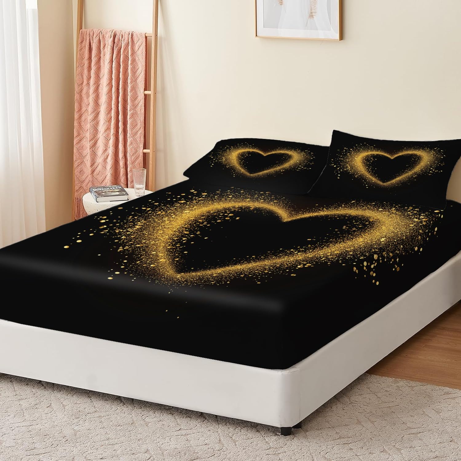 Weiches Atmungsaktives Spannbetttuch Goldglitzer-Herz 180 x 200 cm Mehrfarbig Bettwäsche-Sets für Kinder 100% Mikrofaser Spannbetttuch für Matratze bis 30 cm Hohe
