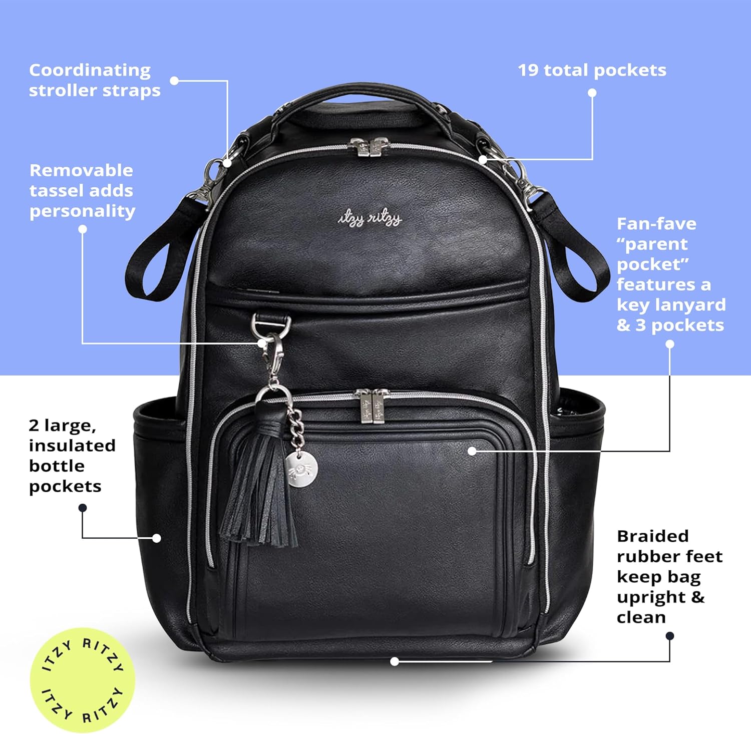 Itzy Ritzy Diaper Bag Backpack – Large Capacity Boss Plus Baby Backpack Diaper Bag Featuring 19 Pockets, Changing Pad, Stroller Clips, and Comfortable Straps (Black with Silver Hardware)