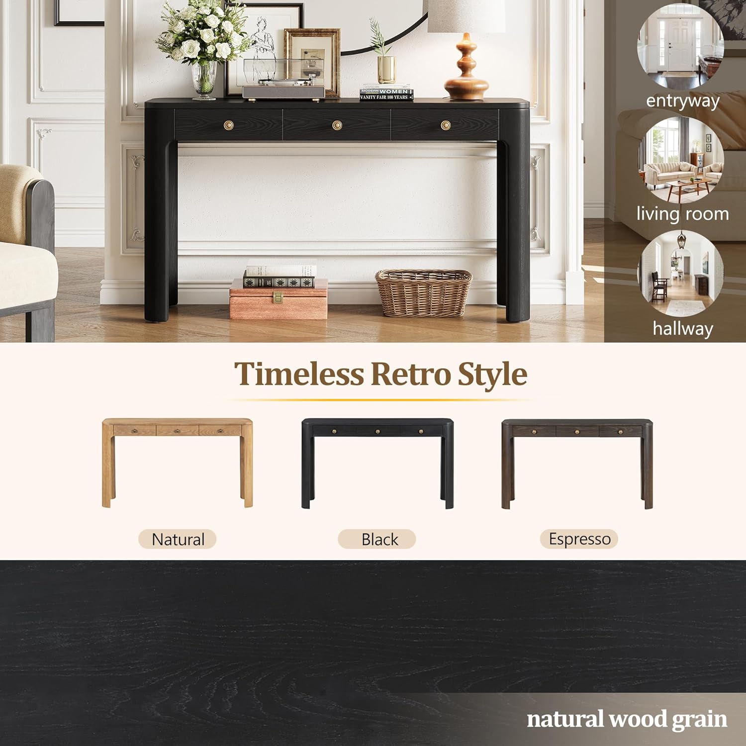 Merax 52" Console Table with 3 Drawers, Rustic Entryway Table with Curved Corners, Narrow Long Sofa Table for Living Room, Hallway, Entrance, Behind Couch, Foyer, Sturdy Thick Legs, Black
